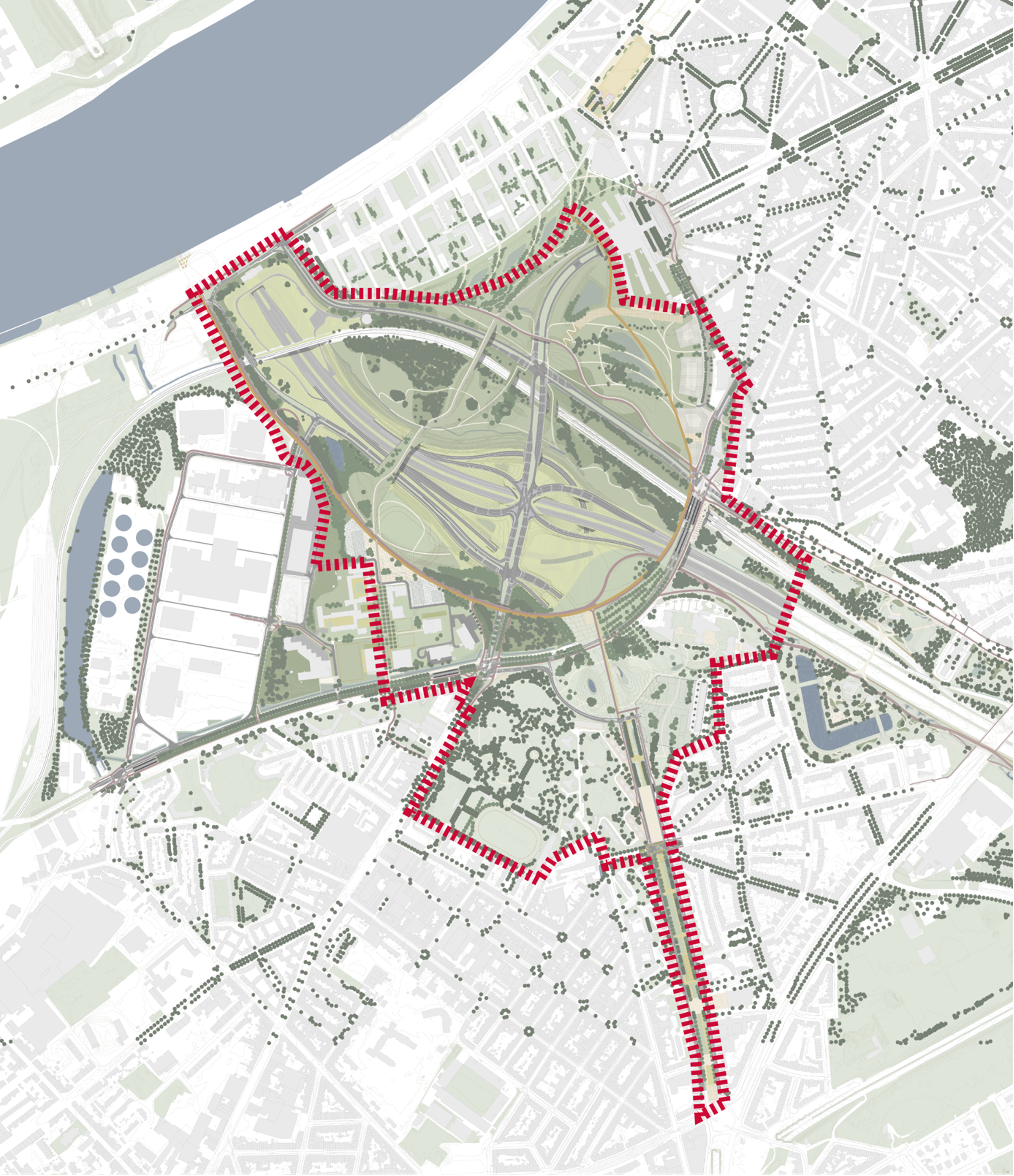 Projectgebied van Ringpark Zuid aangeduid met rode lijnen