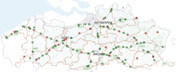 Locaties voor snelladen in Vlaanderen langs grote verkeersassen - mei 2024