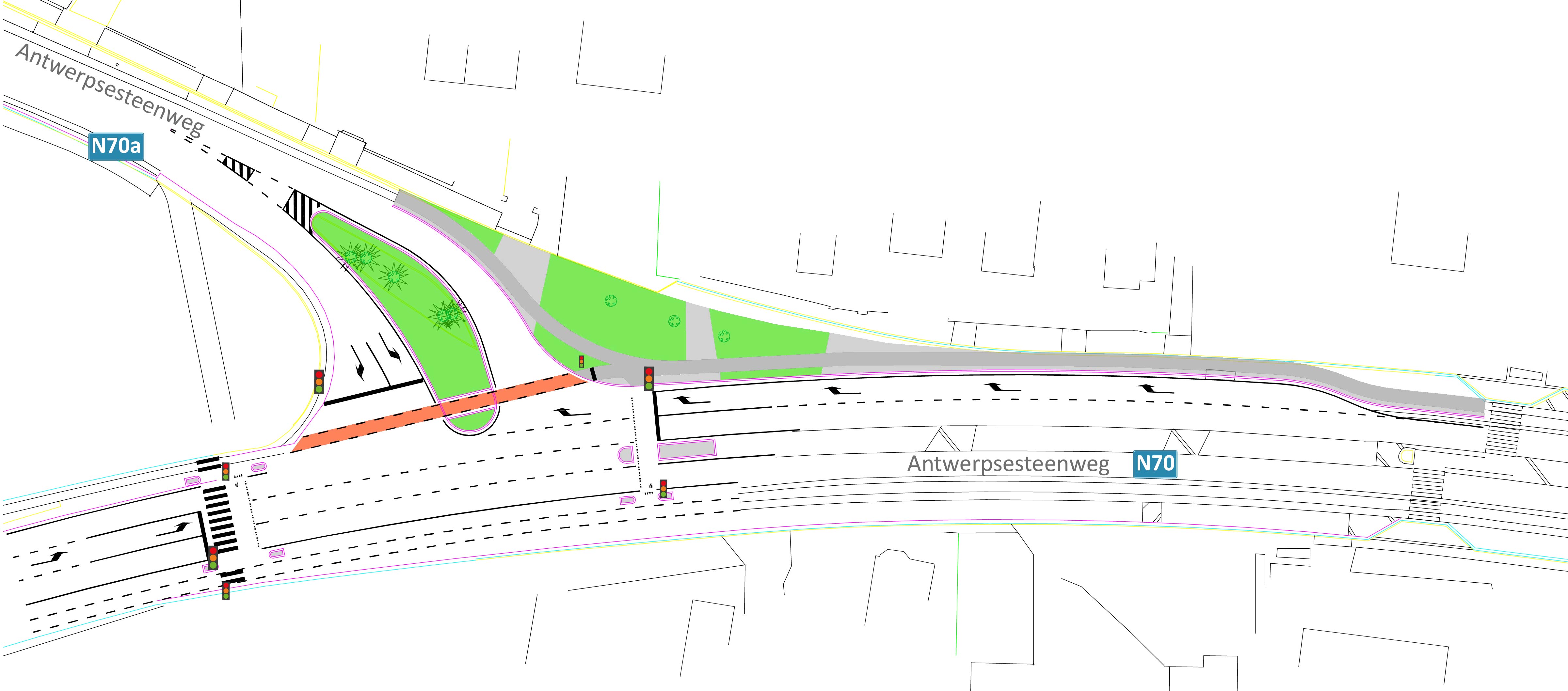 Ontwerpplan kruispunt Antwerpsesteenweg/Oude Antwerpsesteenweg Gent kruispunt N70/N70A in Gent met verkeerslichten