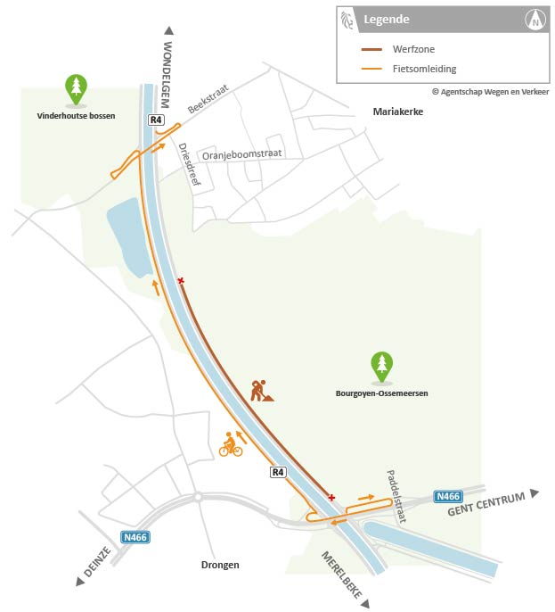 Fietsomleiding herstellingswerken fietspad Binnenring-Drongen Fietsomleiding herstellingen fietspad Binnenring-Drongen (R4)