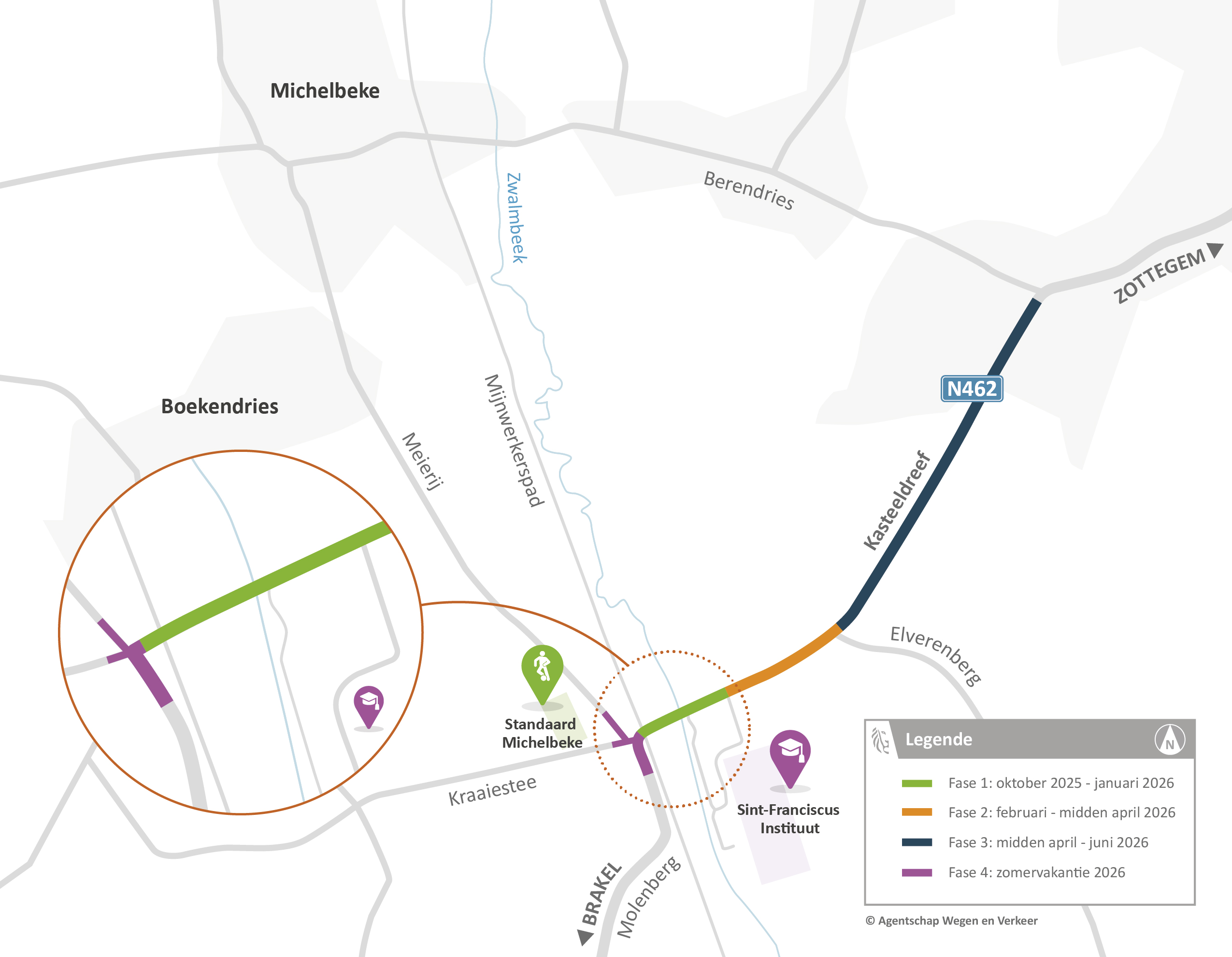 Faseringskaart van de werken aan de Kasteeldreef in Brakel