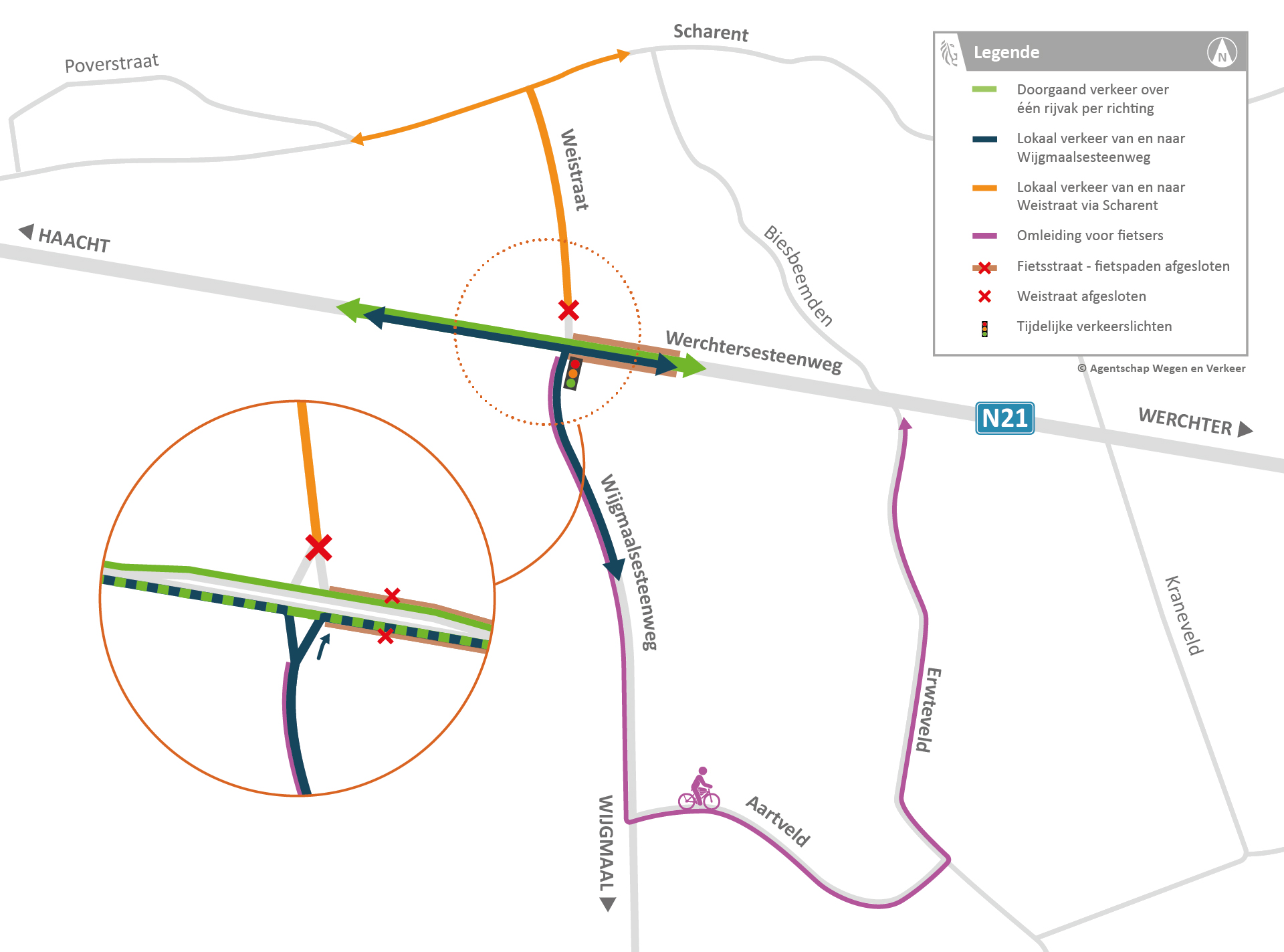 Verkeerssituatie tijdens werken op Werchtersesteenweg met kruispunt Weistraat en Wijgmaalsesteenweg