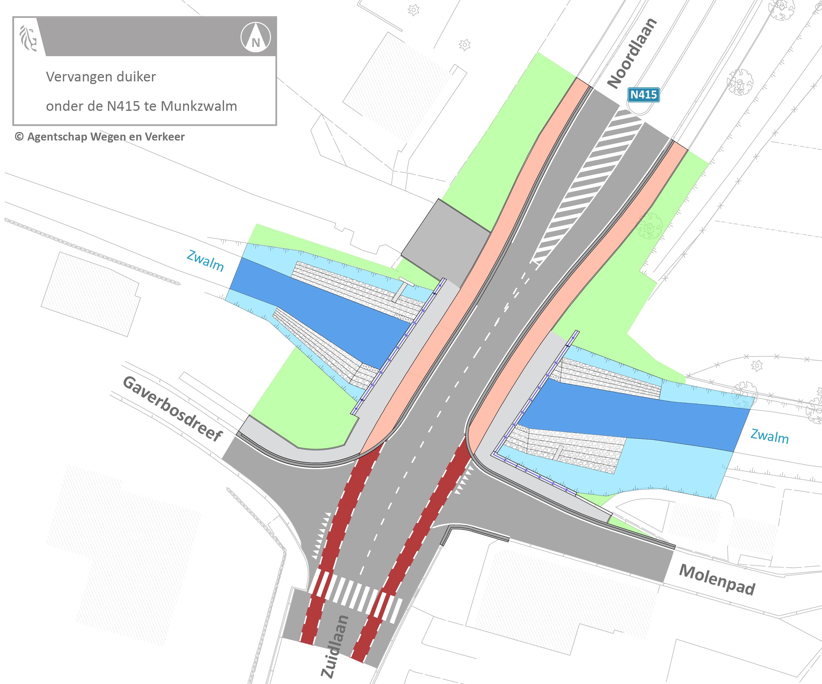bovenaanzicht vernieuwing duiker in N415 Munkzwalm