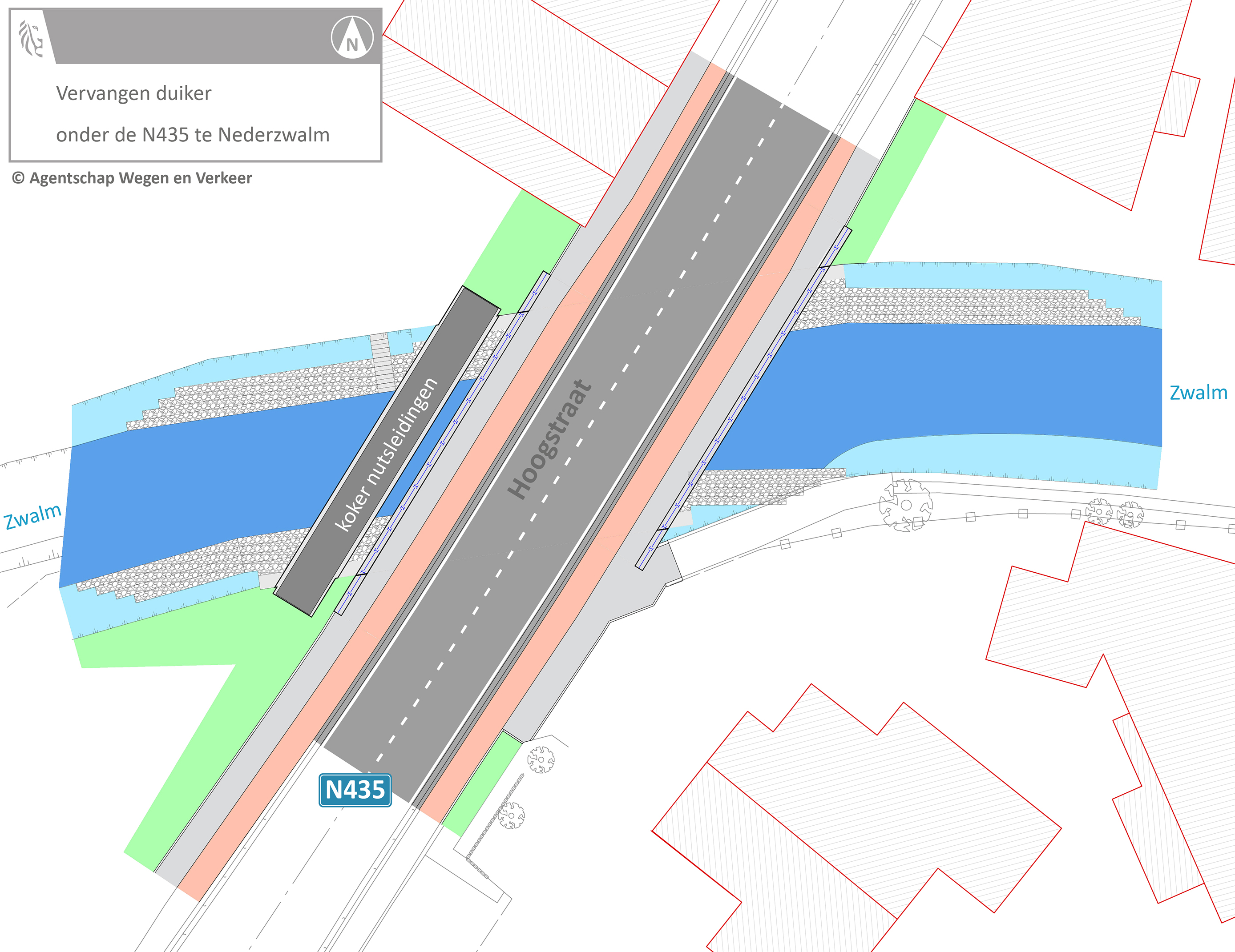 bovenaanzicht vernieuwing duiker in N435 Nederzwalm