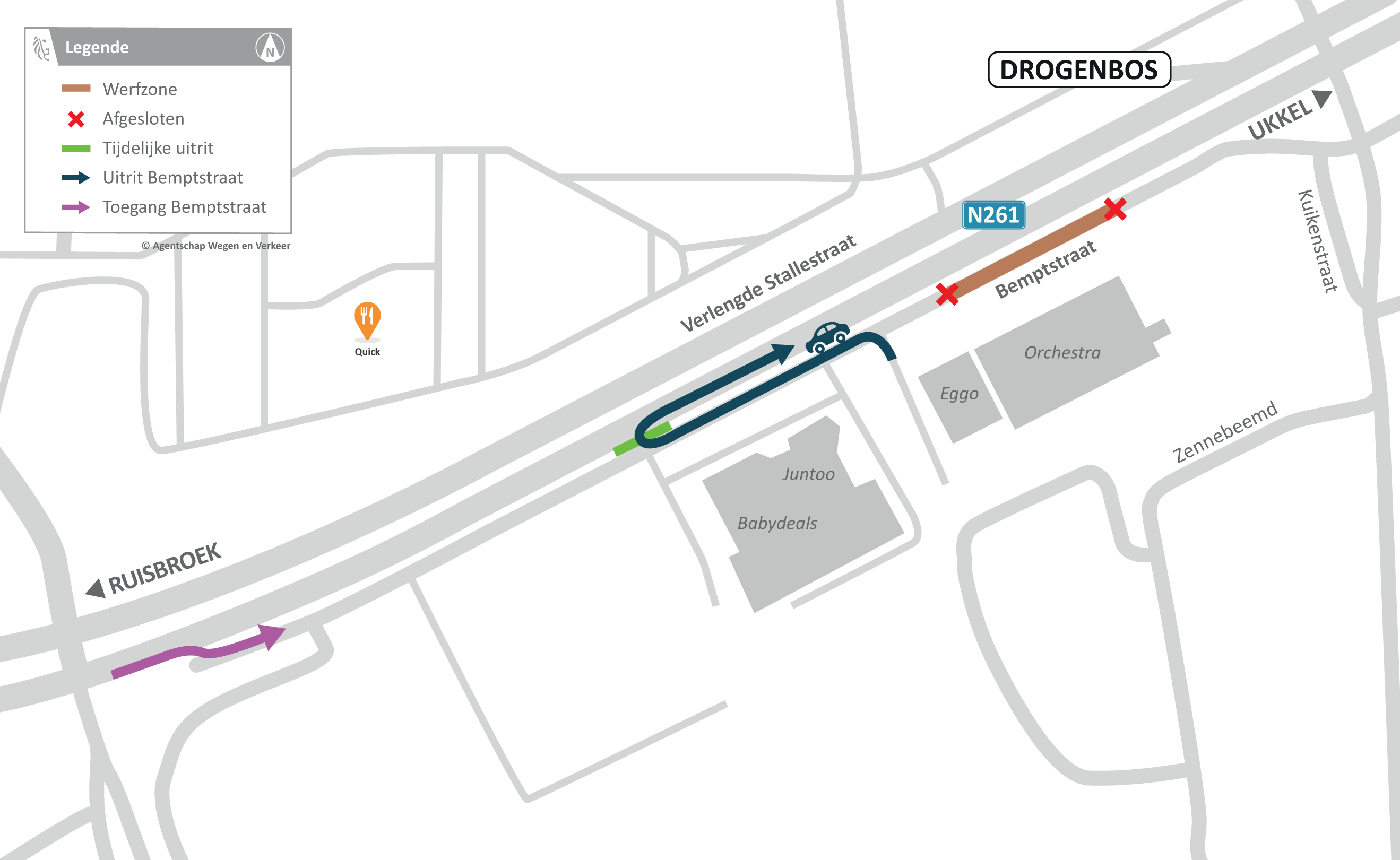 Omleidingskaart werken Bemptstraat