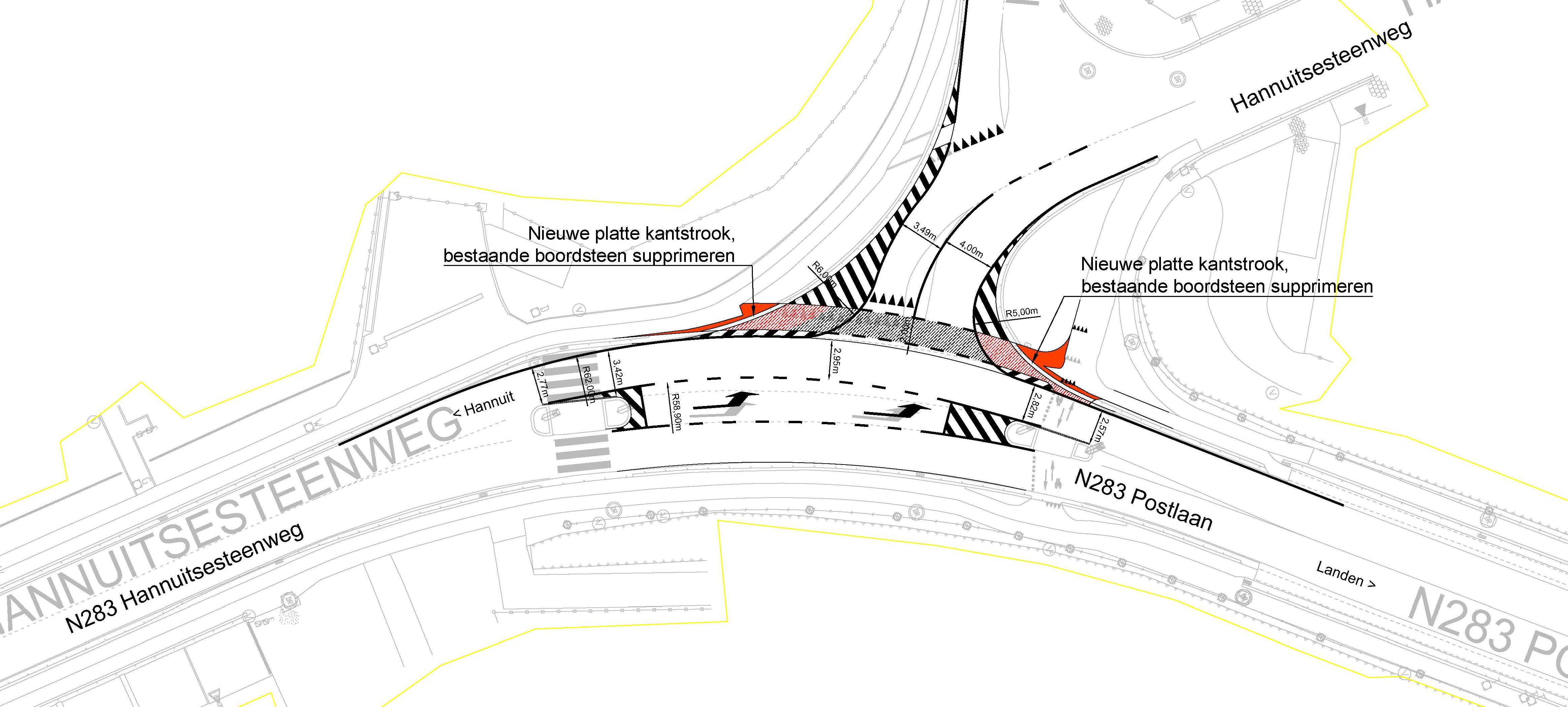 Ontwerp met aanpassingen op kruispunt van Hannuitsesteenweg met Postlaan