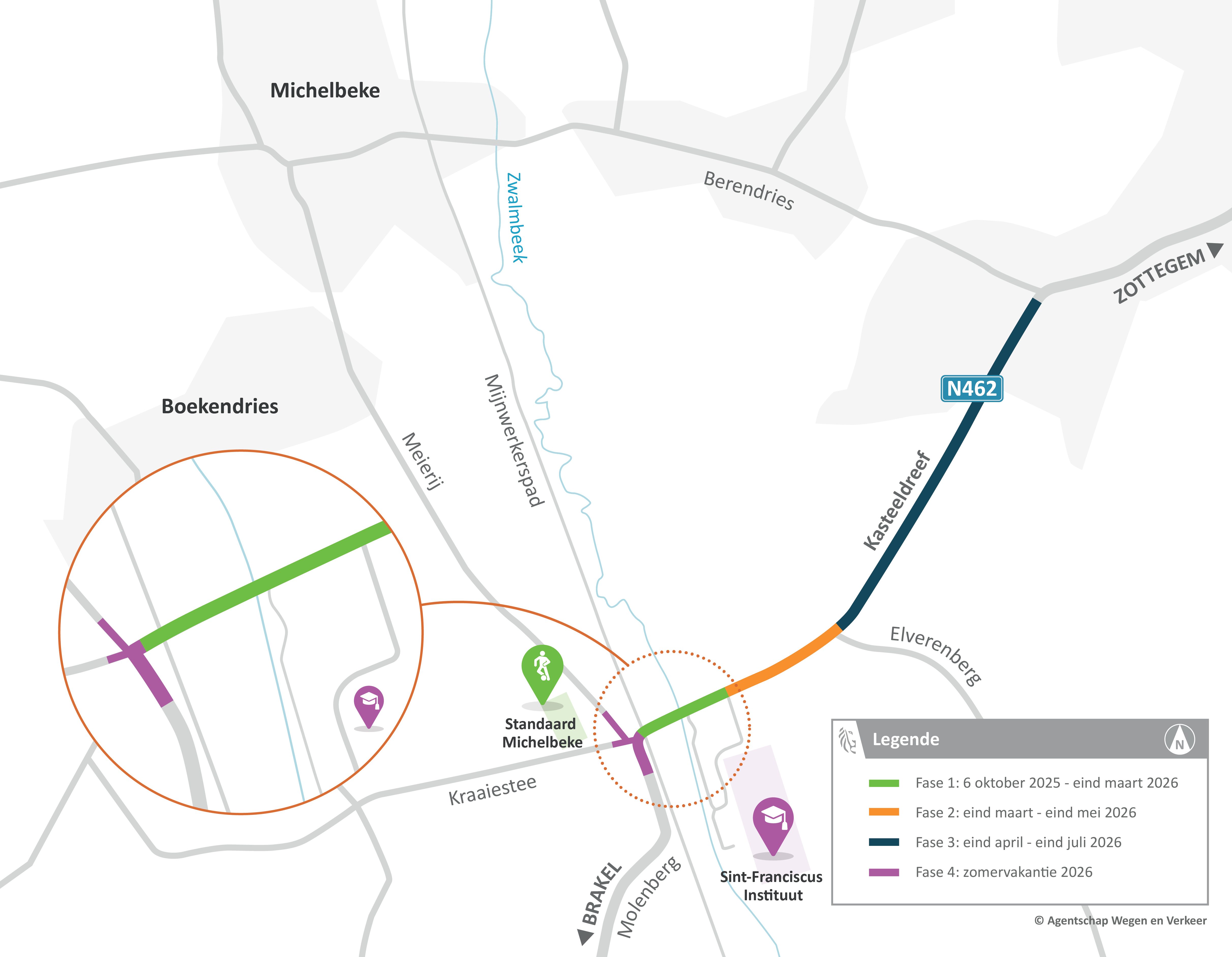Kaart met aanduiding van de verschillende werfzones