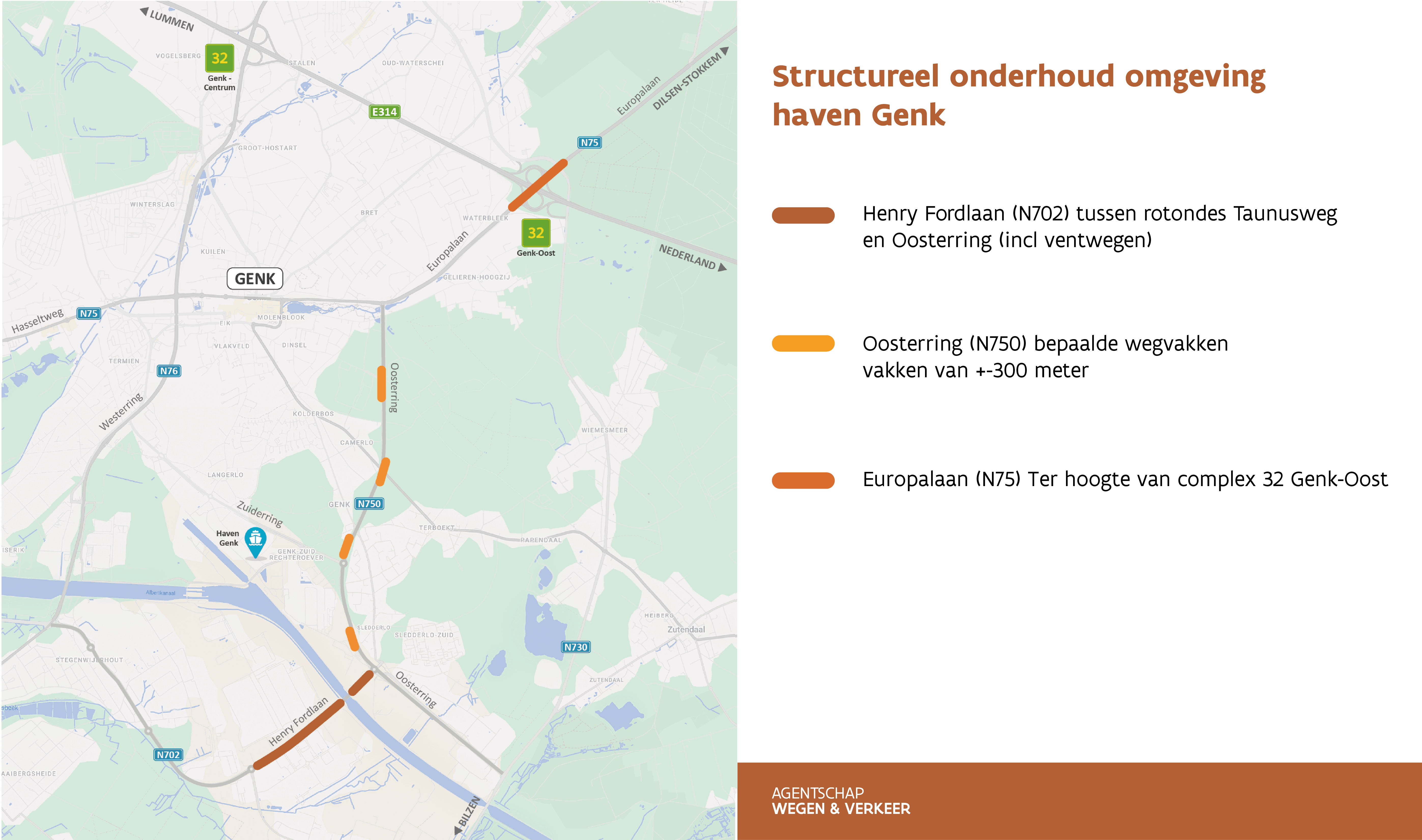 Situeringskaart werfzones havenwegen in Genk