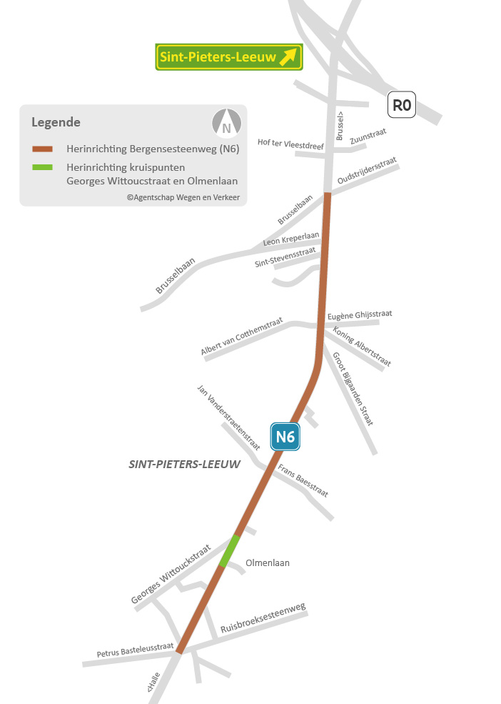 De herinrichting van de Bergensesteenweg loopt over een afstand van 2,5 kilometer, van aan het kruispunt met de Ruisbroeksesteenweg tot aan het kruispunt met de Brusselbaan.