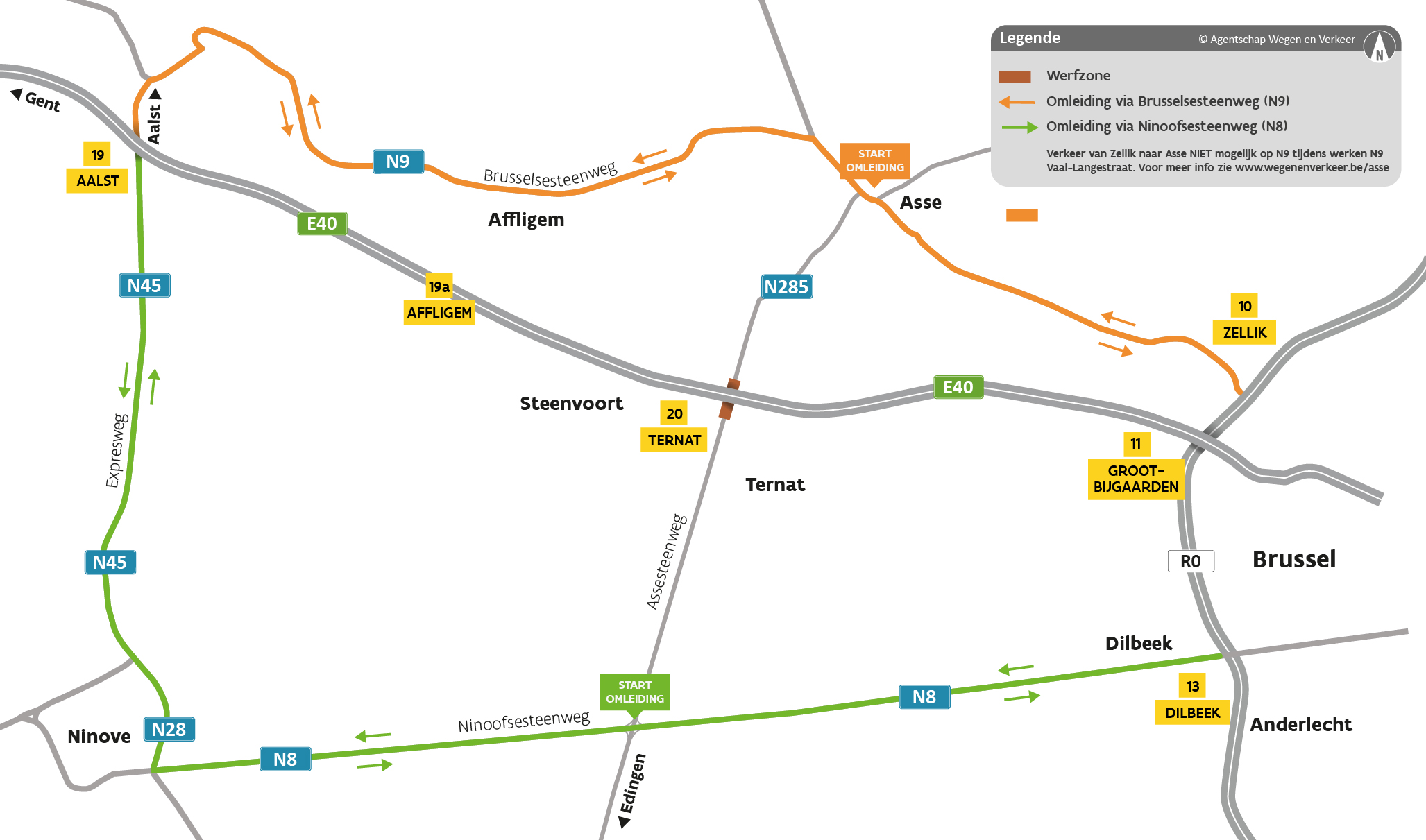 De omleiding voor het doorgaand verkeer verloopt via de Brusselsesteenweg en de Ninoofsesteenweg. Zo wordt de werfzone rond de werken aan de Assesteenweg vermeden.