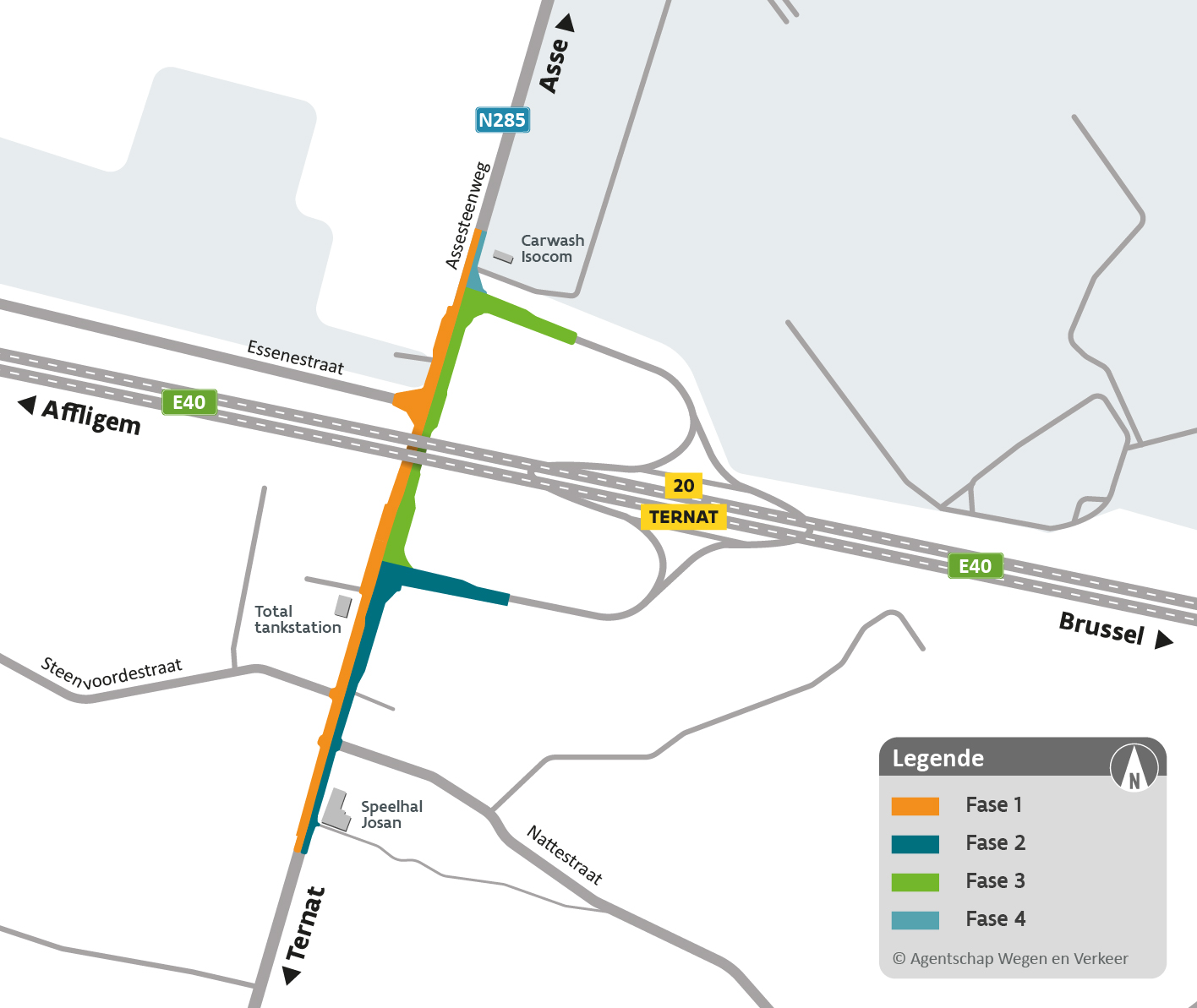De werken situeren zich aan de kruispunten aan de Assesteenweg en aan het op- en afrittencomplex aan de E40.