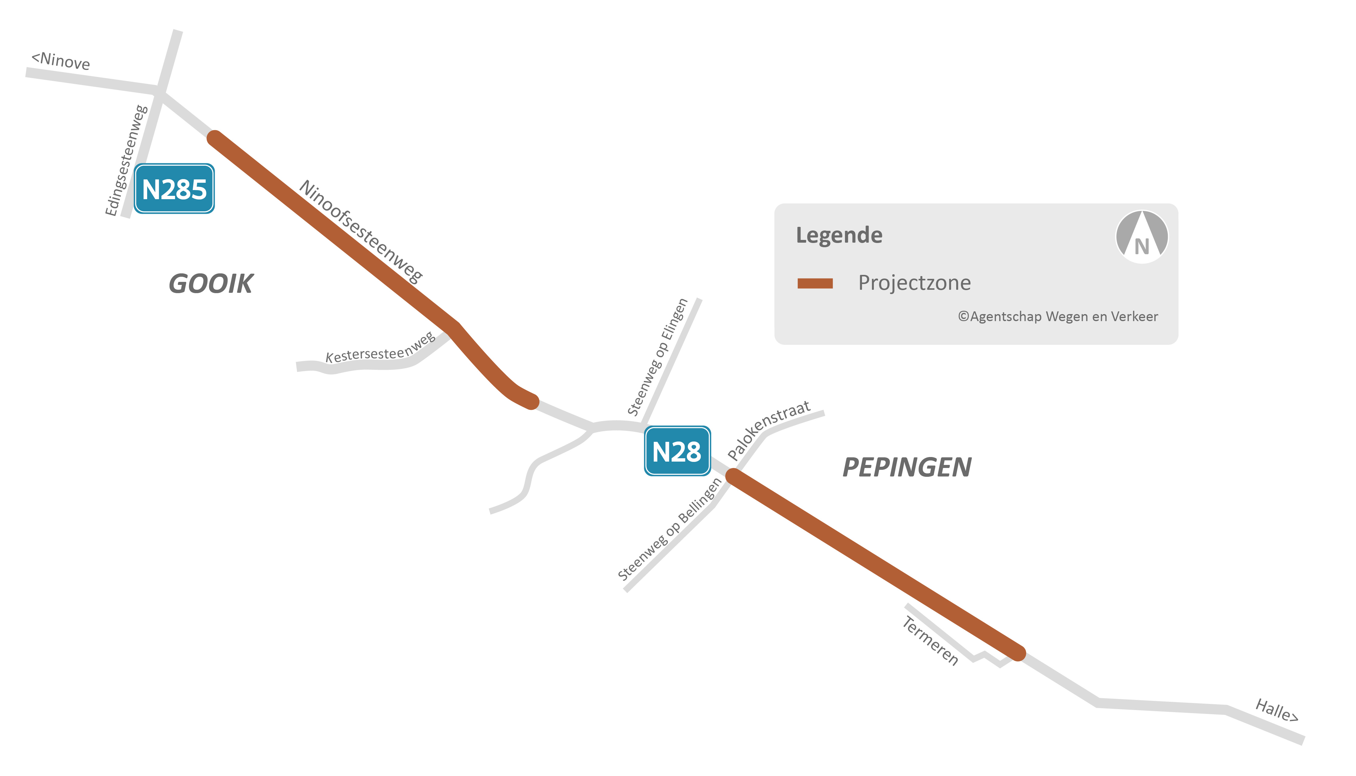 Wegen en Verkeer onderzoekt de herinrichting van de fietspaden op de Ninoofsesteenweg (N28/N285) in Pepingen en Gooik.