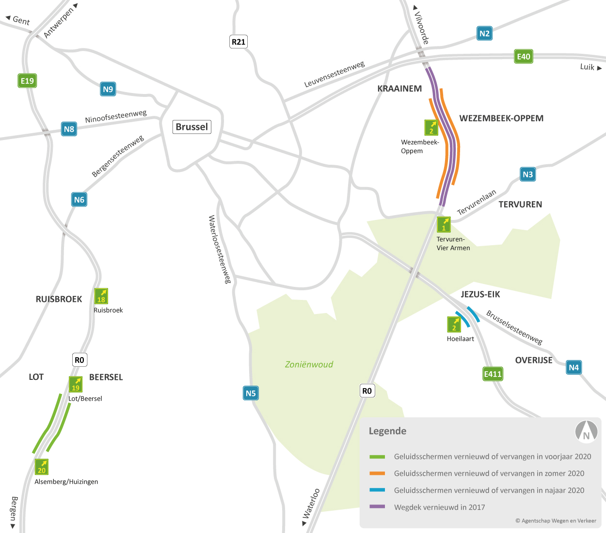 Kaart met de locaties van de geluidsschermen in Kraainem en Wezembeek-Oppem