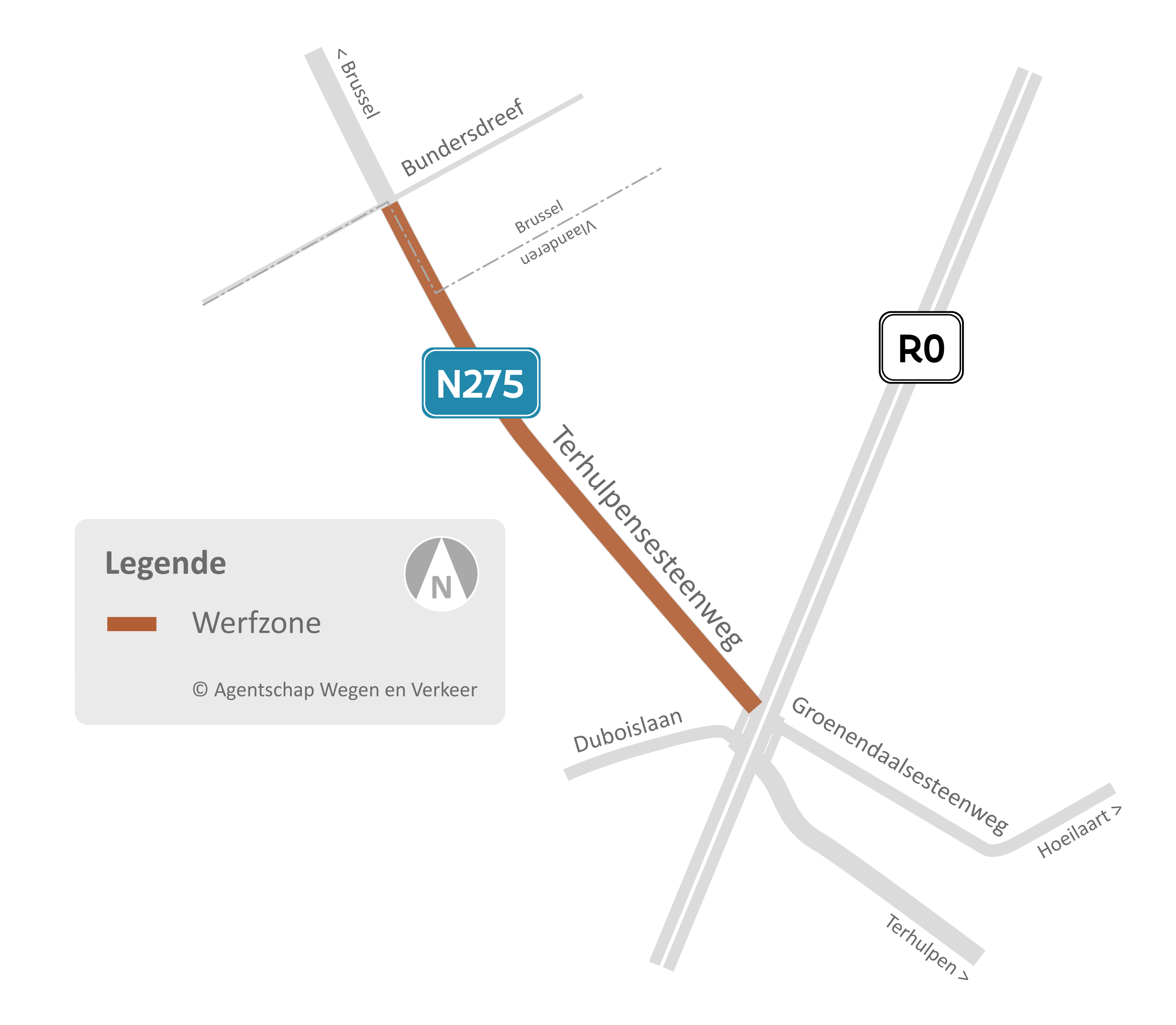 De werfzone loopt van het kruispunt met de Ring rond Brussel tot het kruispunt met de Bundersdreef.