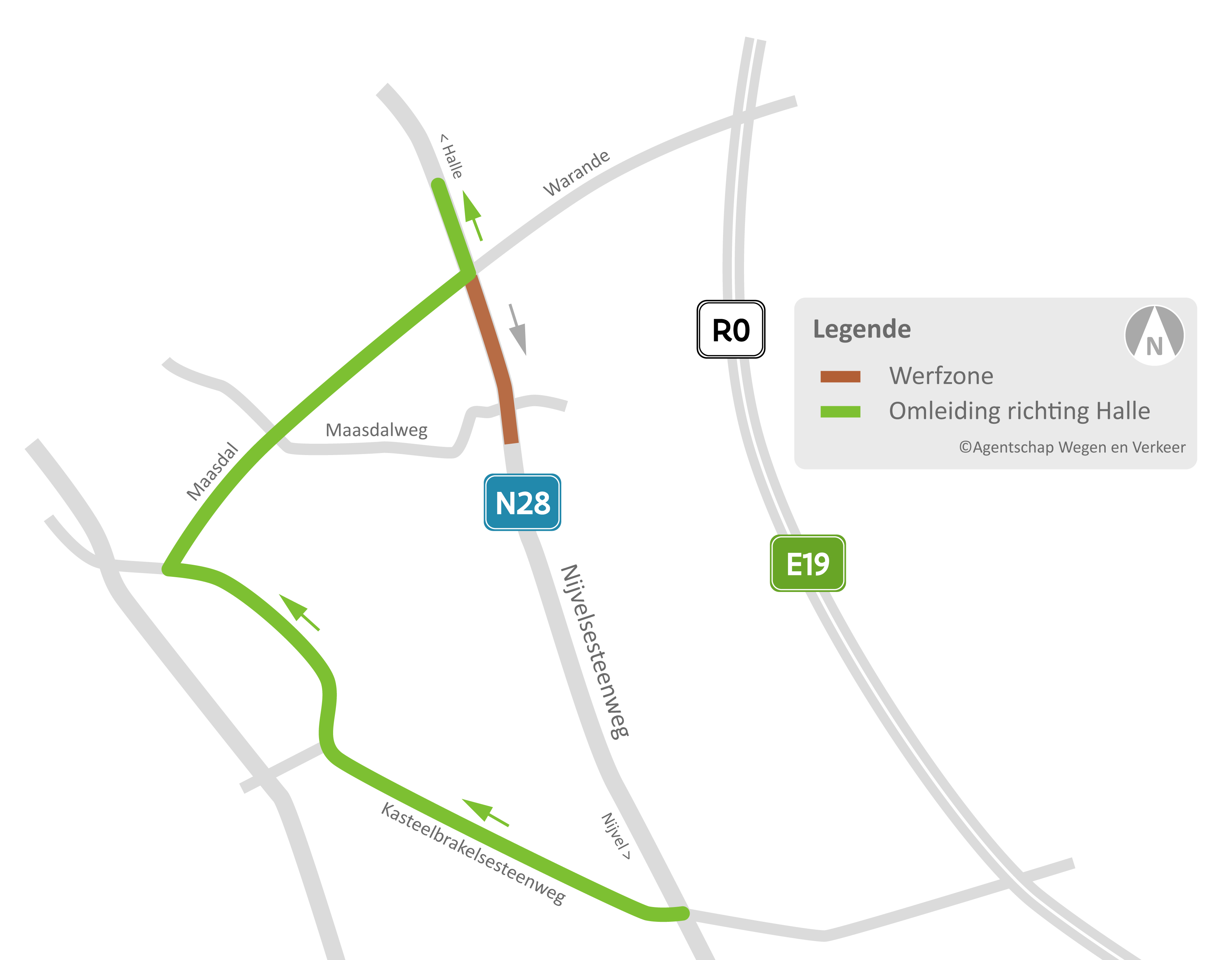 Er is een omleiding voor het verkeer wanneer er gewerkt wordt tussen Warande en het kruispunt met de Maasdalweg.