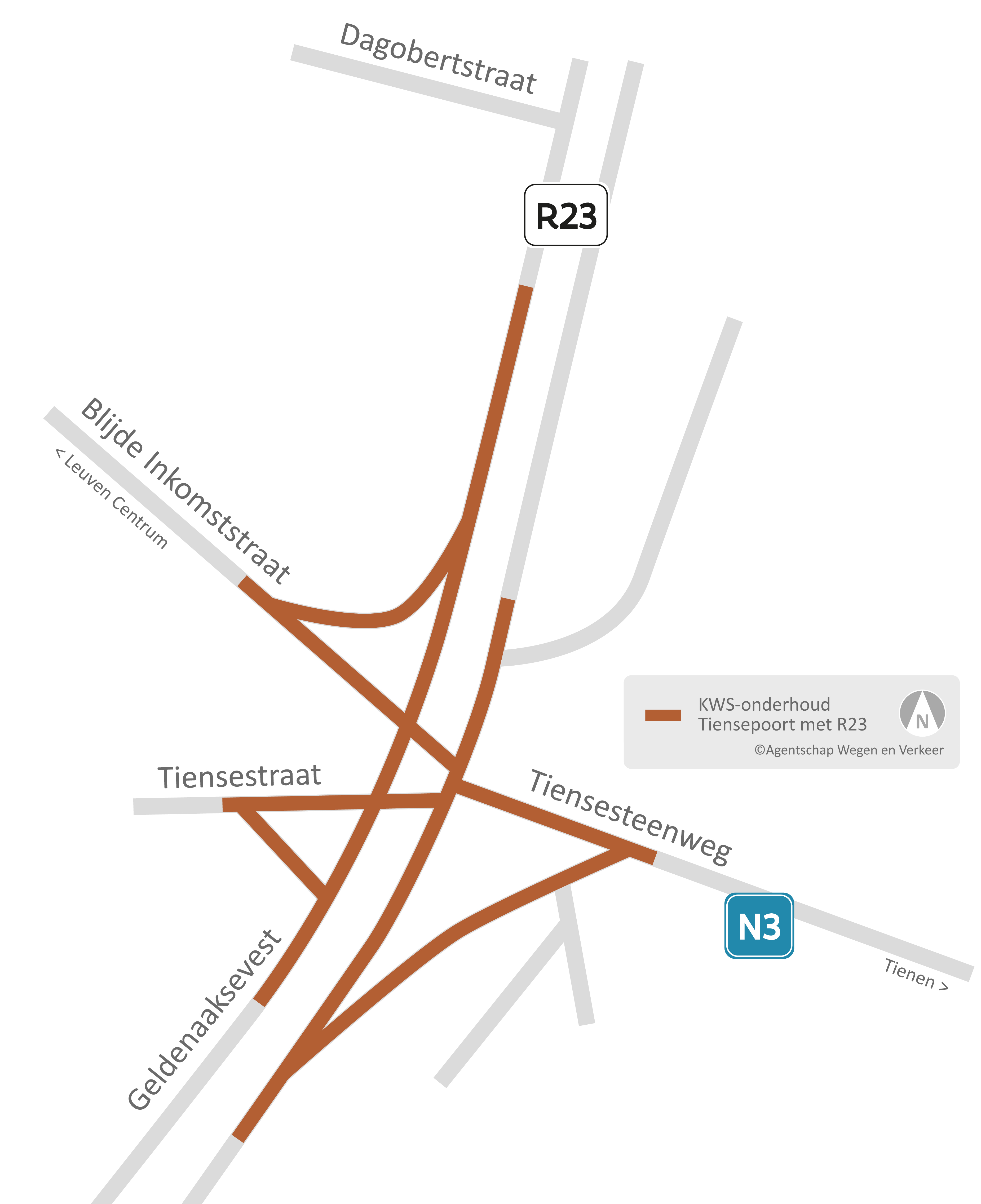 Overzichtskaart werfzone asfalteringswerken van de Tiensepoort op de Leuvense ring