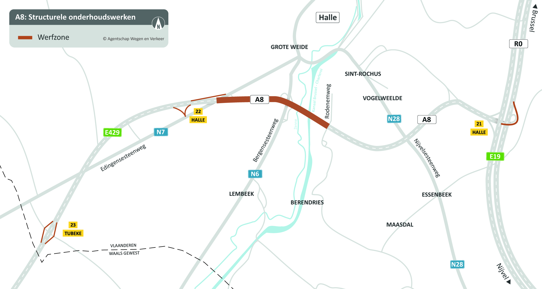 Tijdens de structurele onderhoudswerken op de A8 wordt er gewerkt aan twee op- en afrittencomplexen en wordt er geasfalteerd.