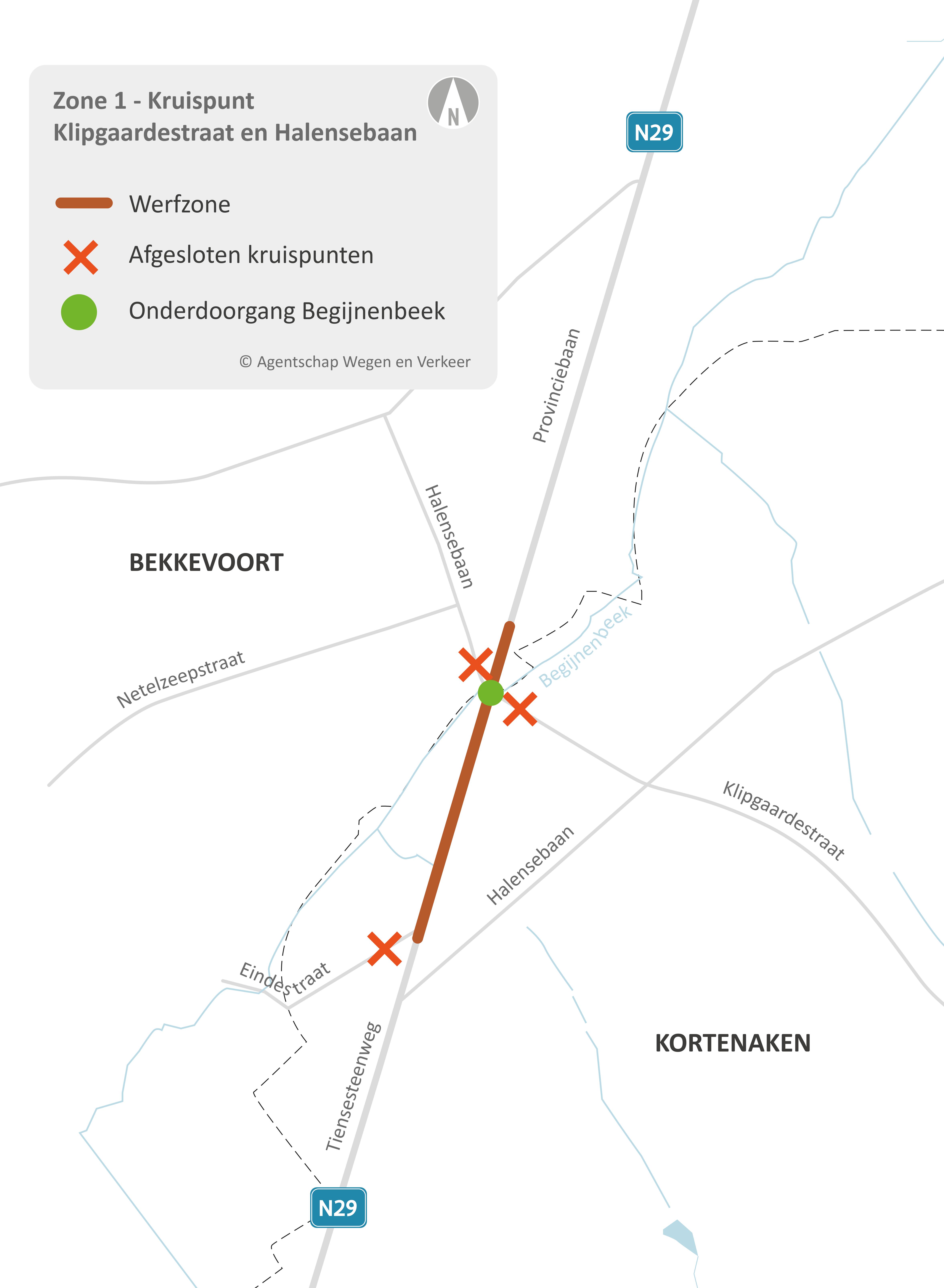 Werfzone Kruispunt Klipgaardestraat en Halensebaan met Provinciebaan Situeringskaart voor de eerste werfzone in Kortenaken