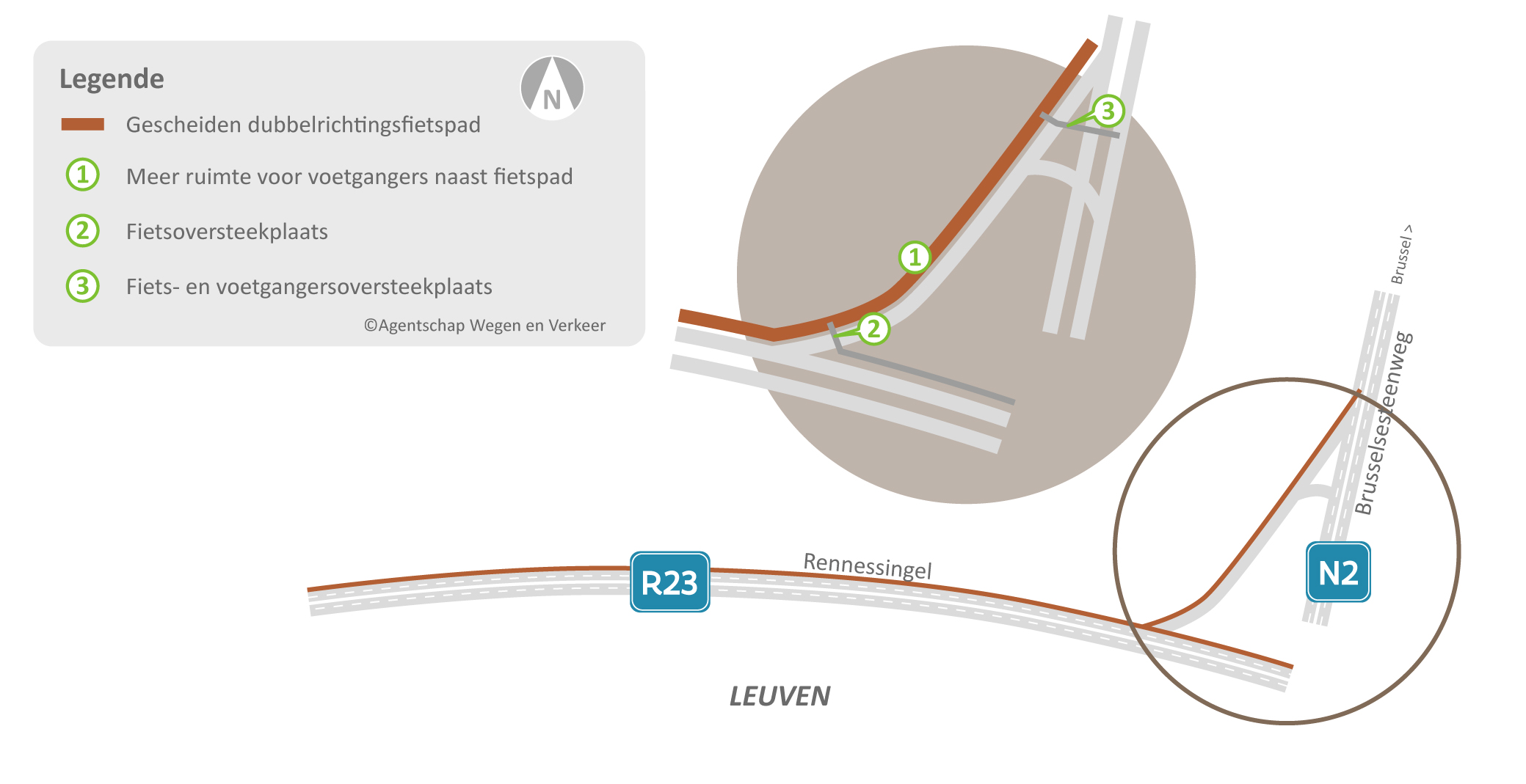 De verbeteringen van het dubbelrichtingsfietspad Rennessingel / Brusselsesteenweg in kaart