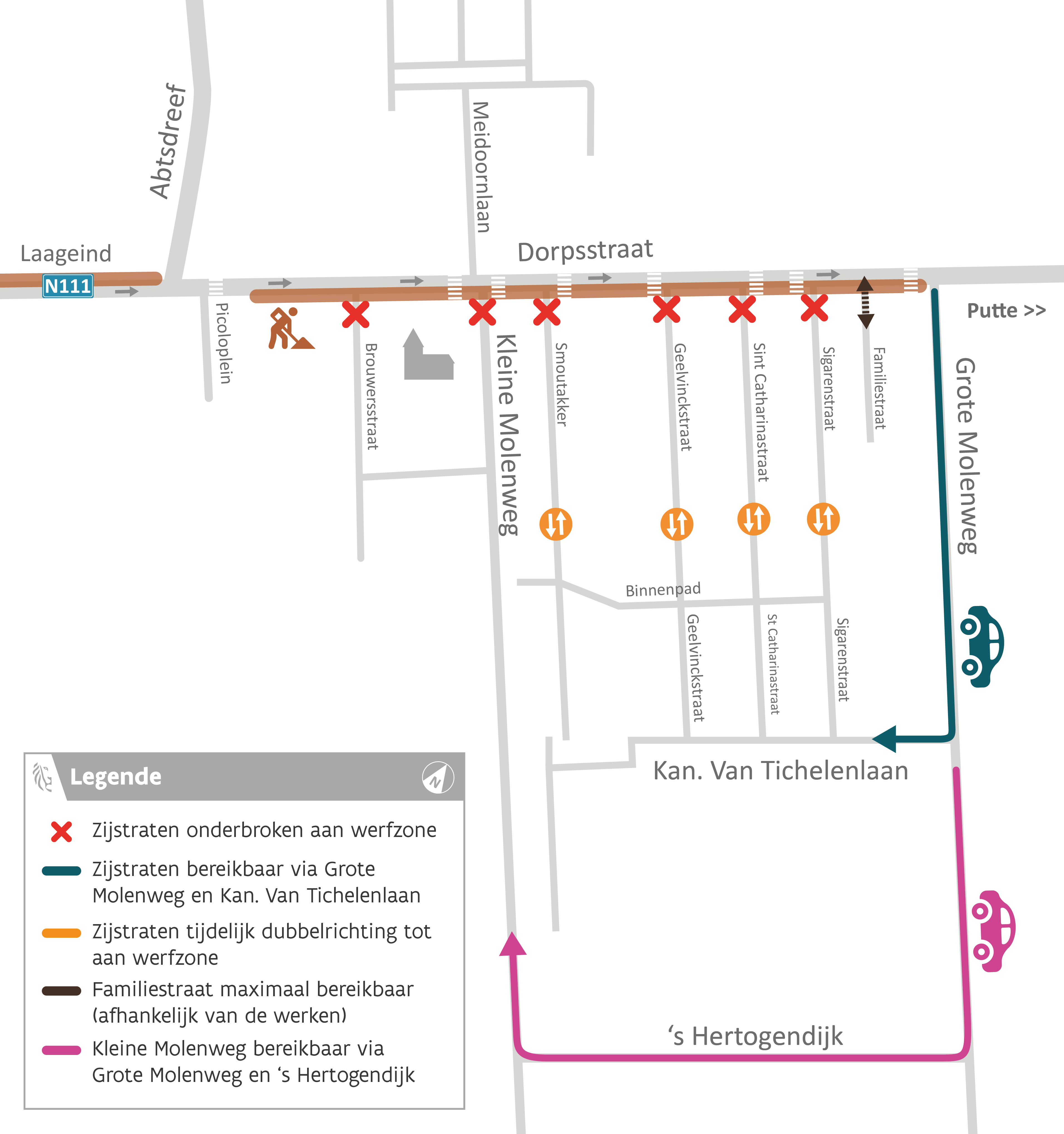 N111 bereikbaarheid zijstraten Dorpsstraat
