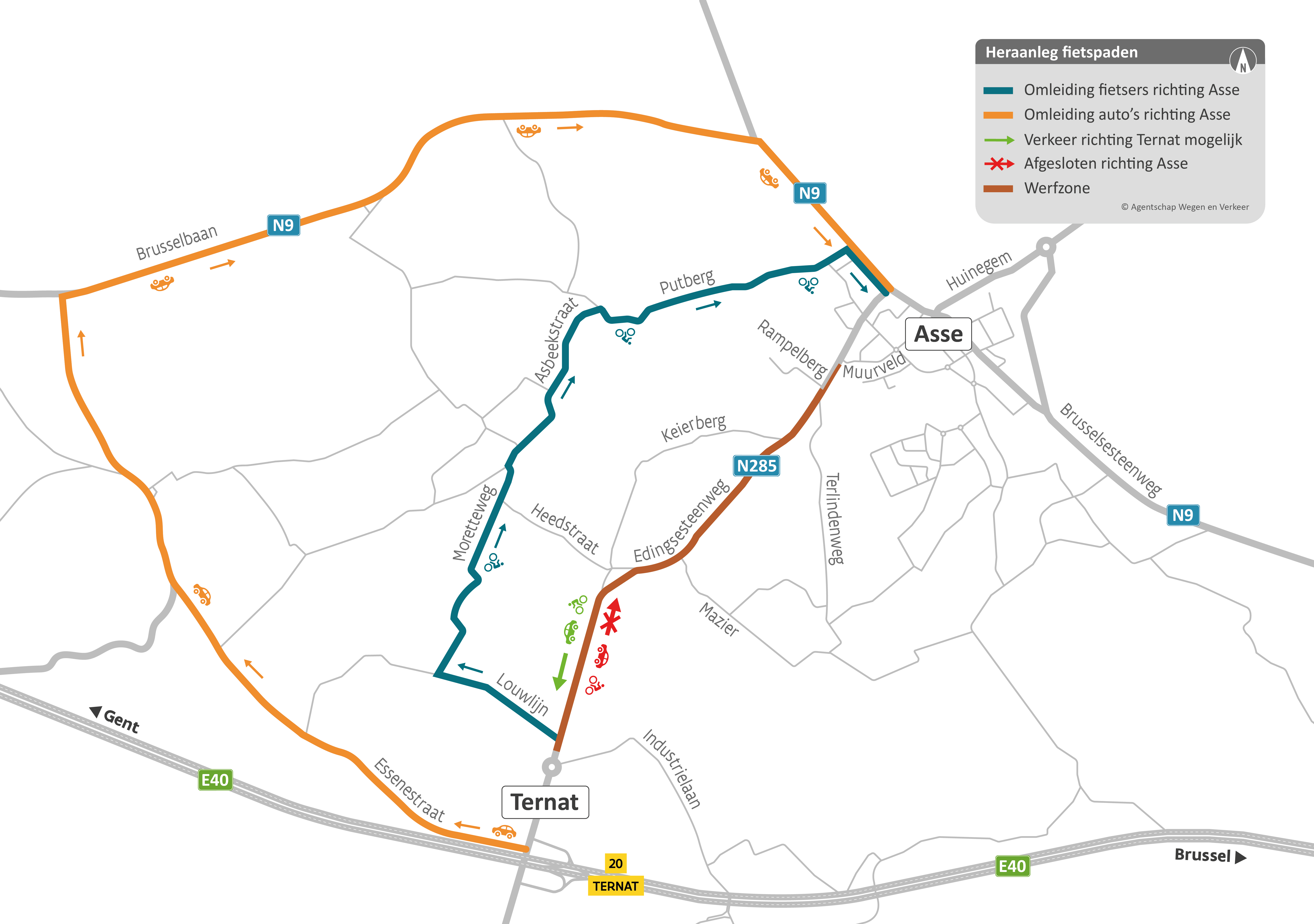 Omleidingen onderhoud fietspaden N285 Asse Edingsesteenweg