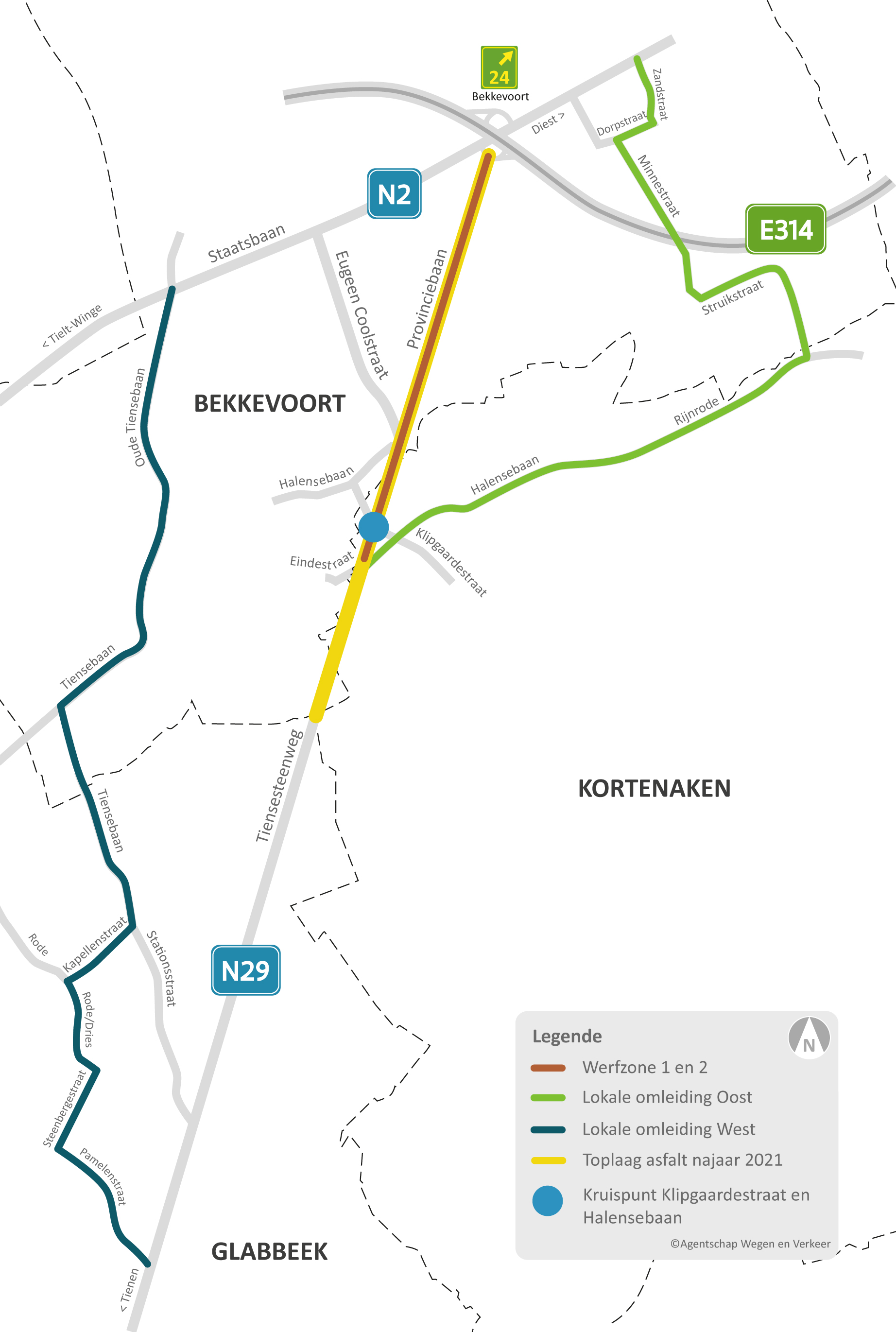 Omleidingskaart werken Provinciebaan/Tiensesteenweg (N29) in Bekkevoort en Kortenaken