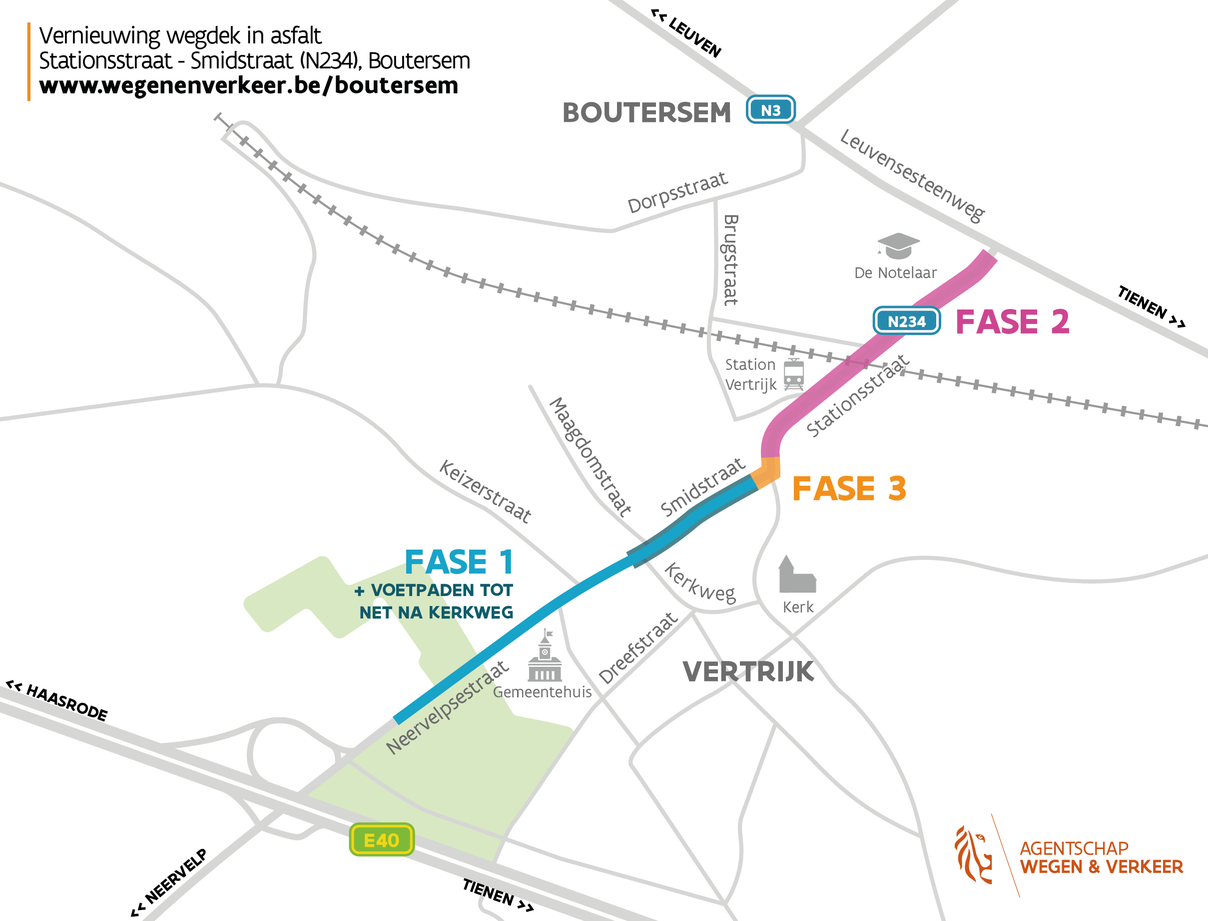 Werken in drie fasen in Boutersem aan de Neervelpsestraat en het kruispunt Stationsstraat met Smidstraat (N234)
