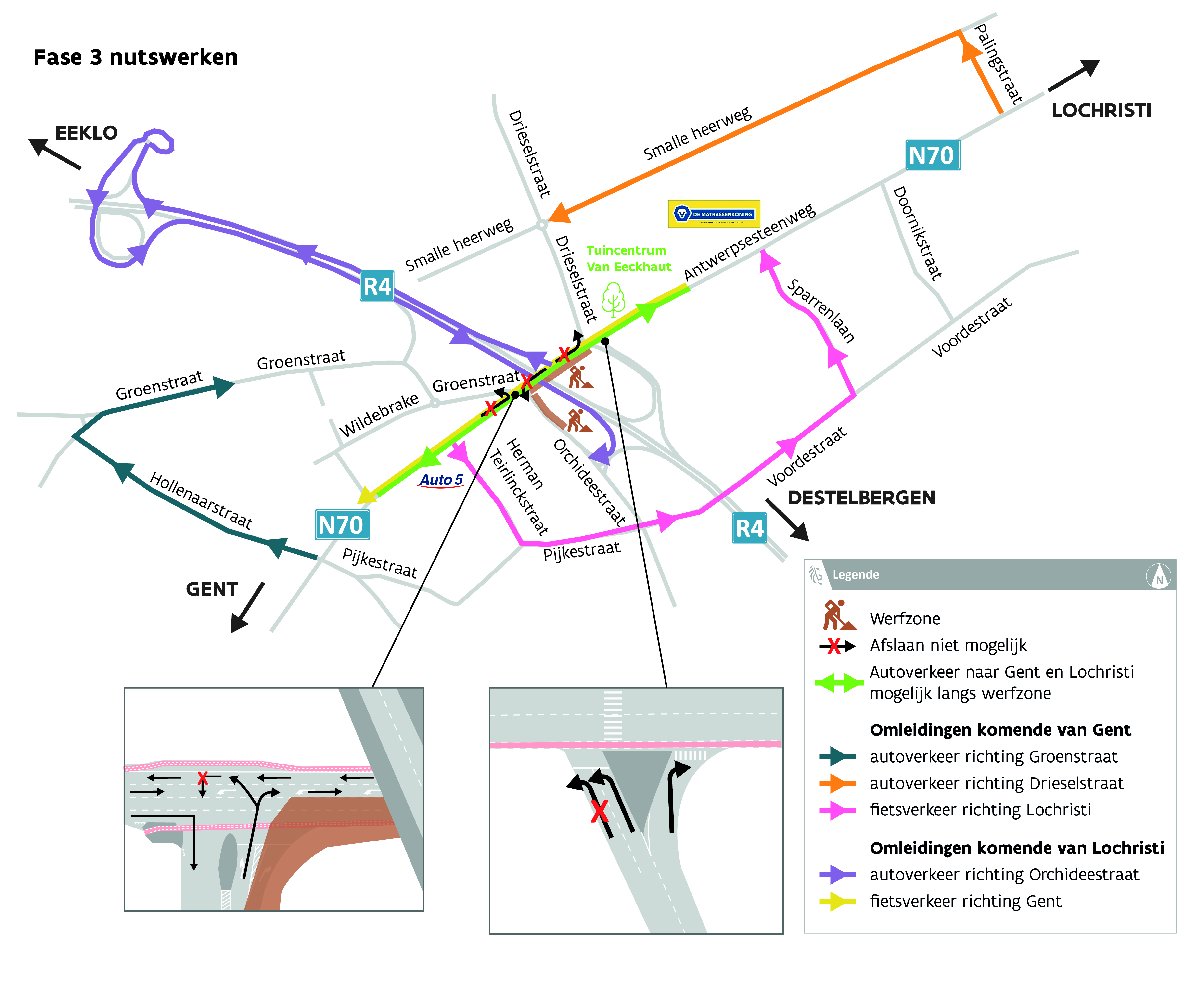 De omleidingen gedurende de derde fase van de nutswerken aan de Antwerpsesteenweg in Oostakker