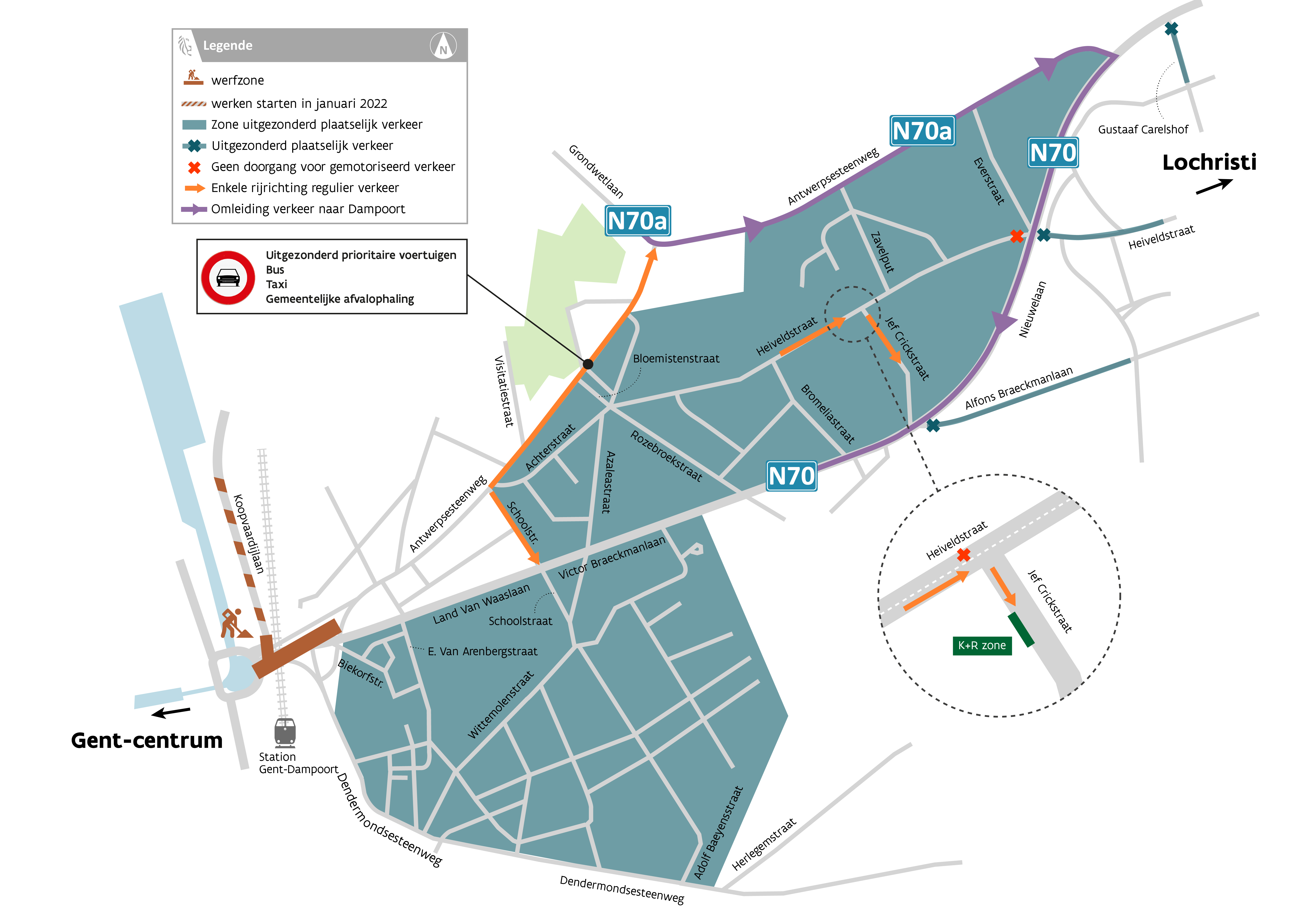 Kaart met overzicht van flankerende maatregelen in Sint-Amandsberg tijdens fase 3 van de werken aan Gent-Dampoort