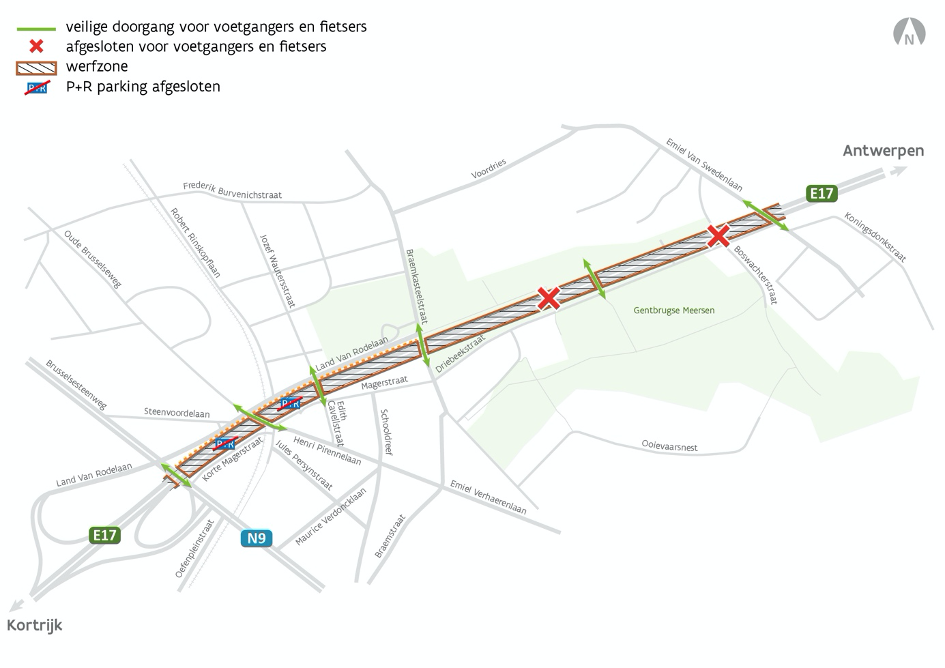 Doorgang fietsers en voetgangers Gentbrugge onder viaduct