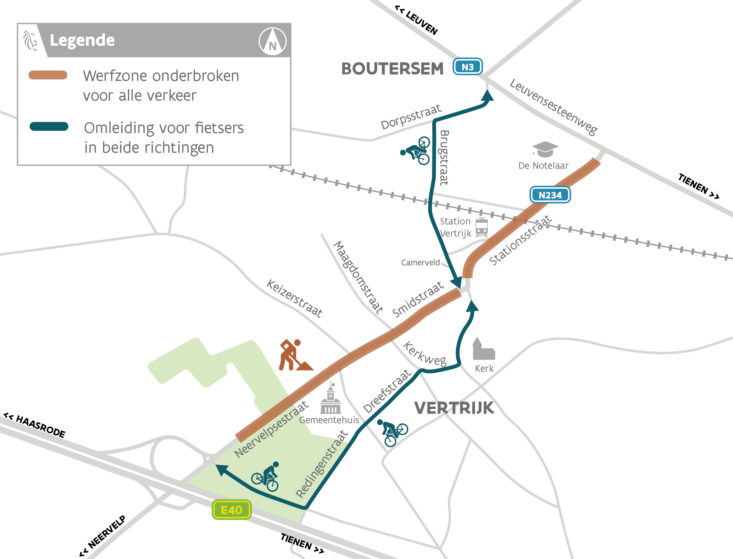 Werfzones voor de maand augustus en fietsomleidingen in kaart gebracht voor de gewestweg N234