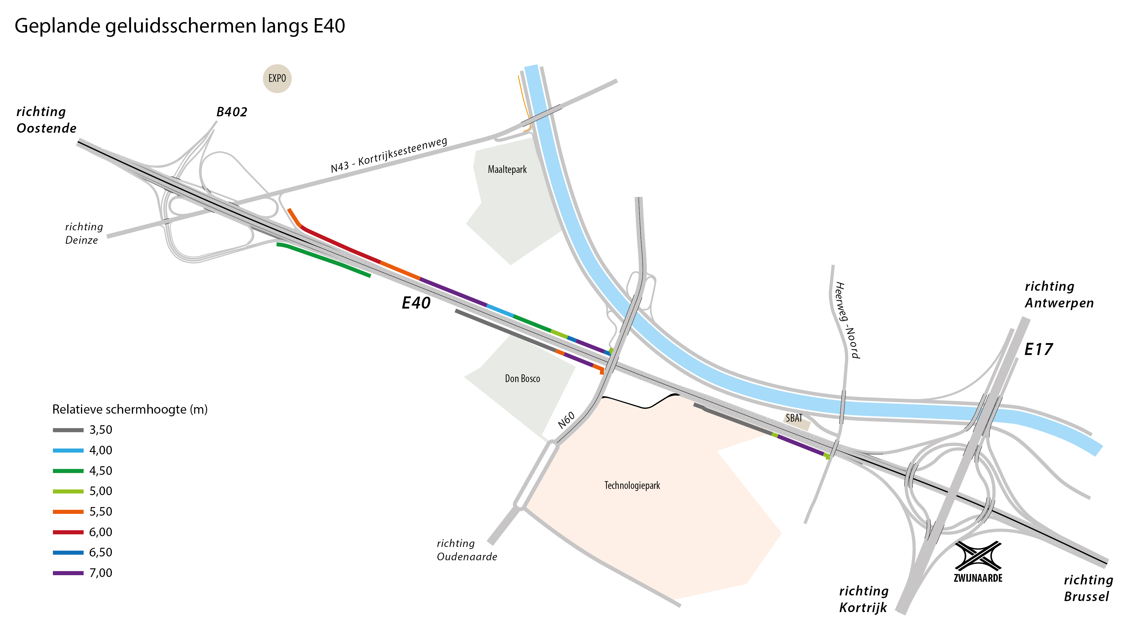 Kaart met geplande geluidsschermen langs E40 in Gent Geluidsschermen langs E40