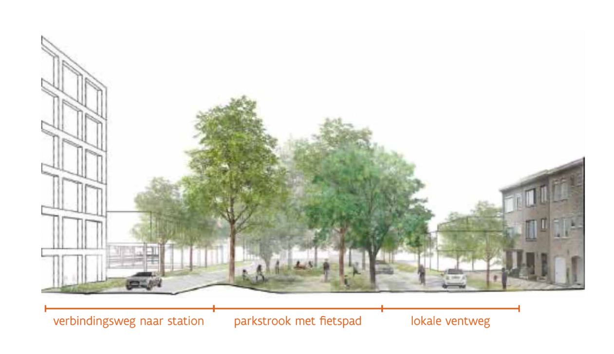 Dwarsprofiel van de verbindingsweg naar het station en de Tramweglei