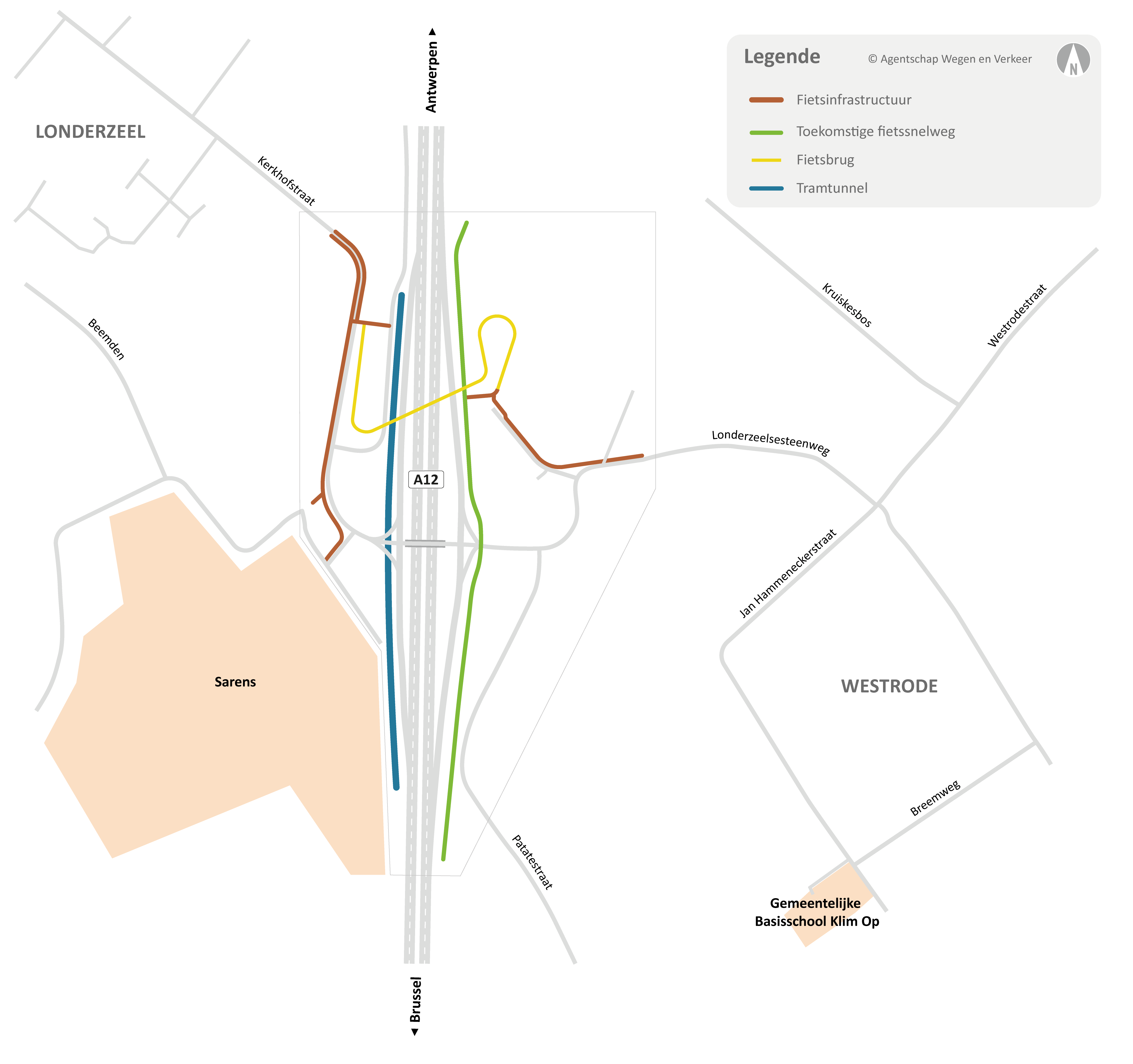 De projectzone omvat de aangeduide zone op de kaart. Niet enkel de weginfrastructuur wordt aangepakt. Binnen de werken wordt een fietssnelweg en een tramtunnel aangelegd.