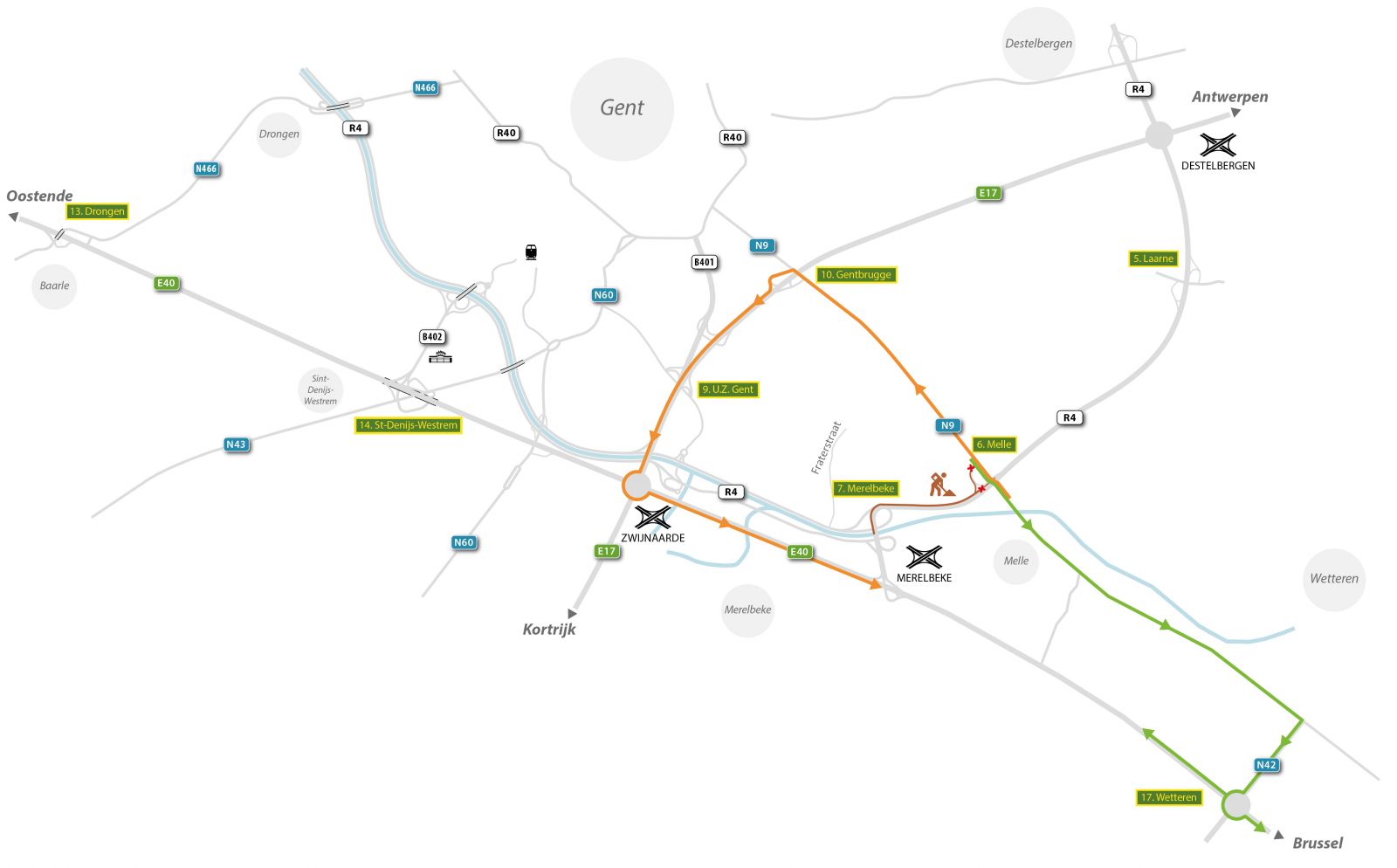 Omleidingsplan verkeer van N9 (Melle) naar E40 (richting Brussel) 