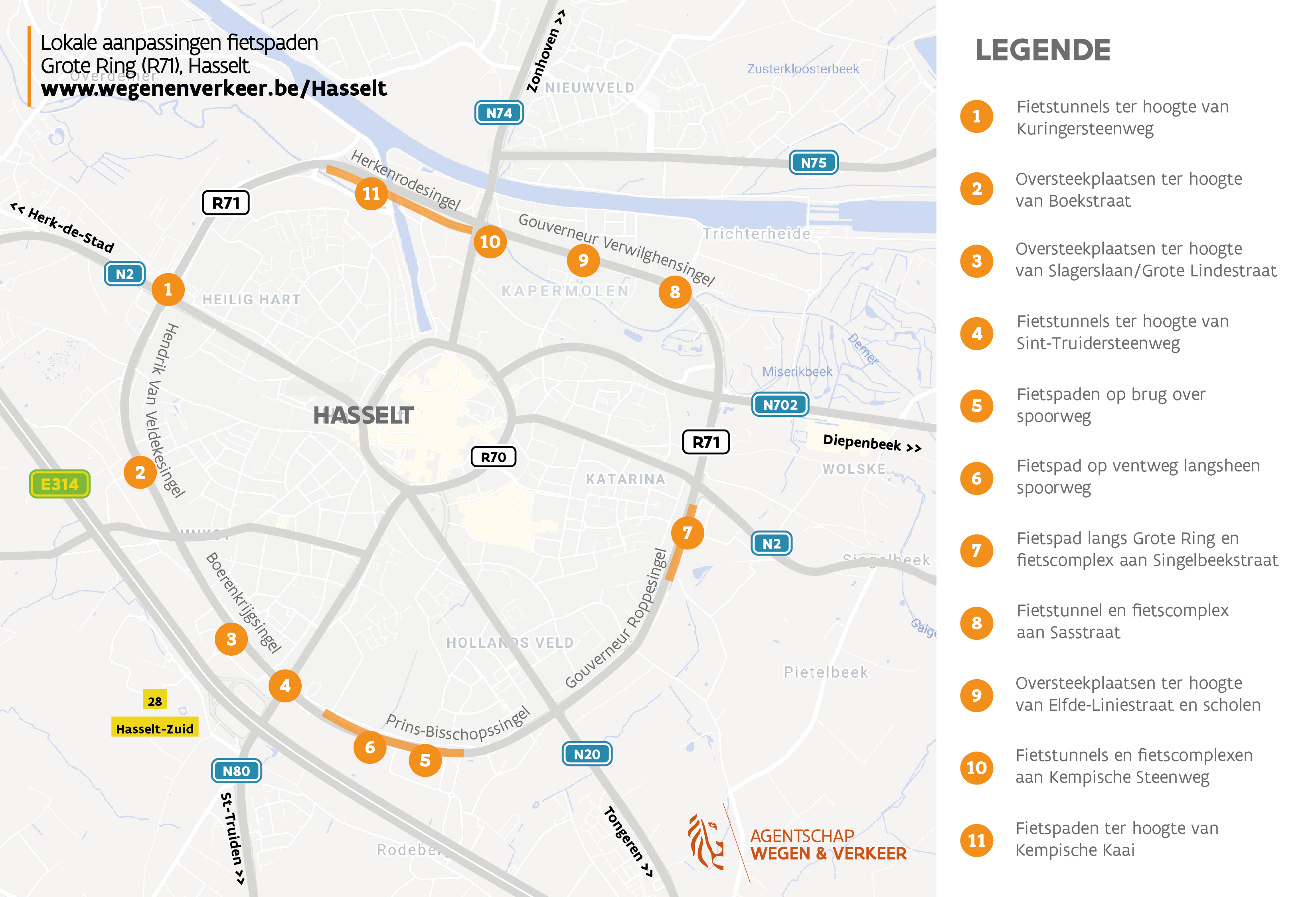 Vernieuwing fietspad 11 locaties Grote Ring Hasselt
