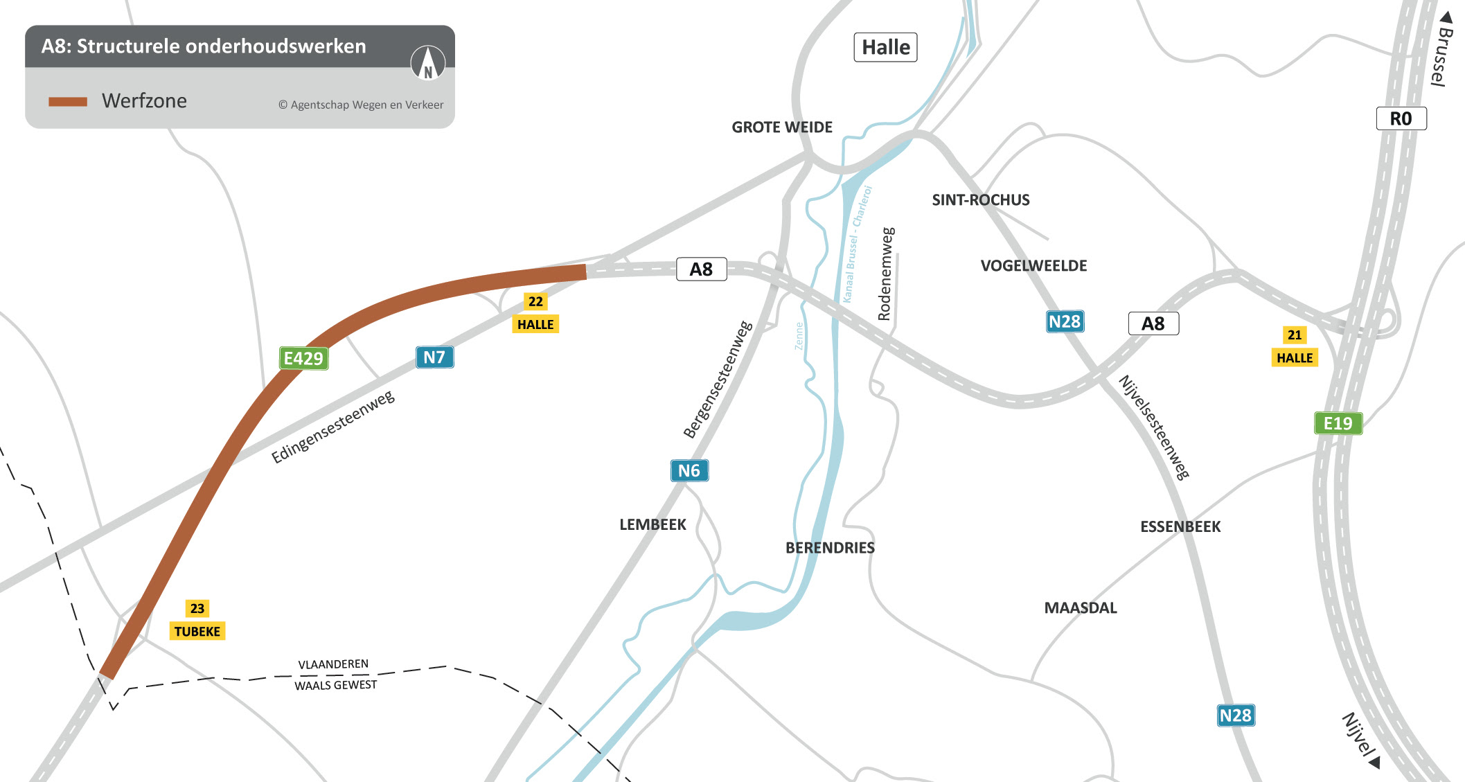 3,5 km nieuw wegdek voor de A8 tussen op-en afrittencomplex van Tubize (n°23) en Halle (n°22)