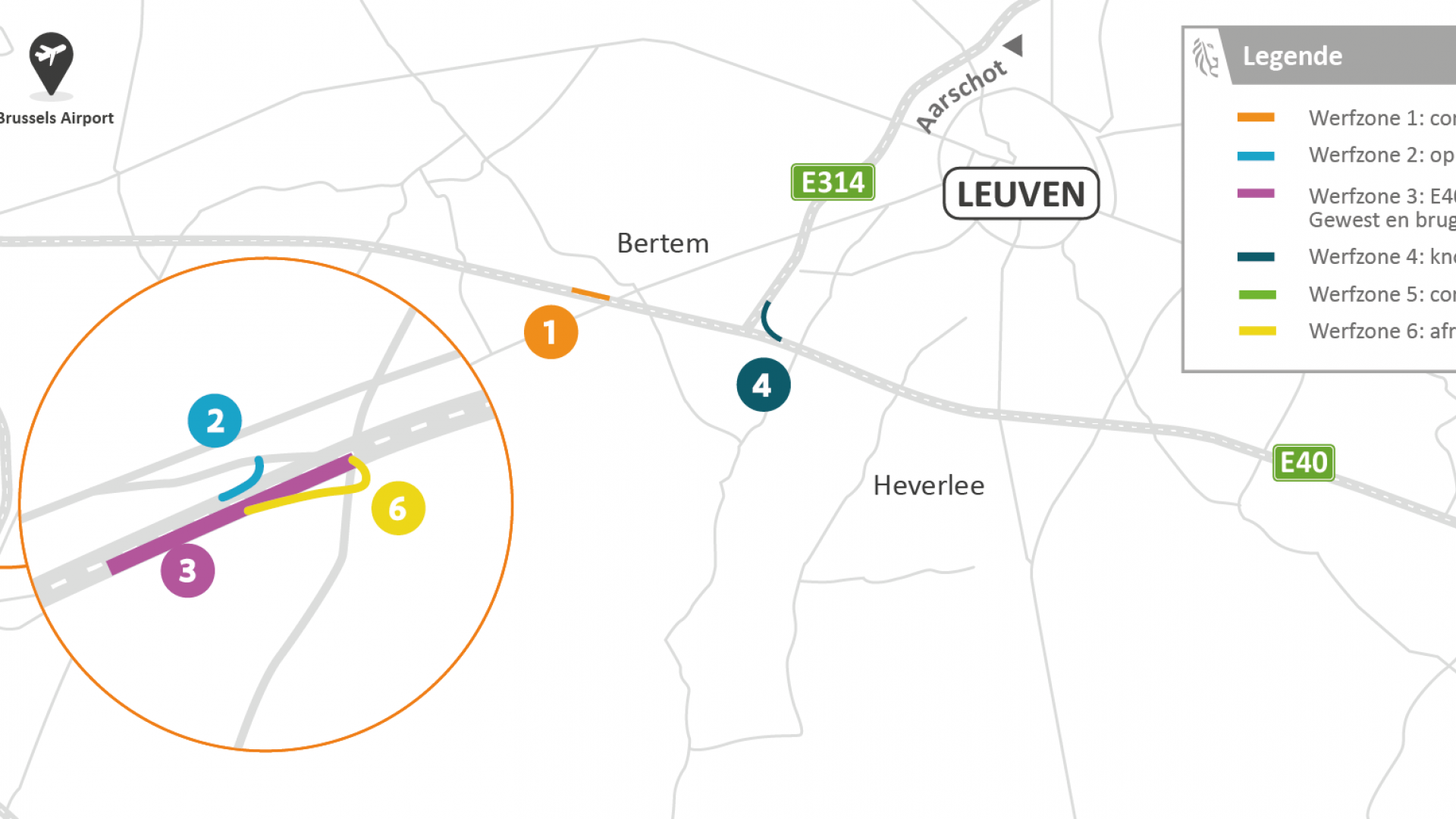 Overzicht onderhouds- en asfalteringswerken op de E40 tussen grens met Brussel en Tienen