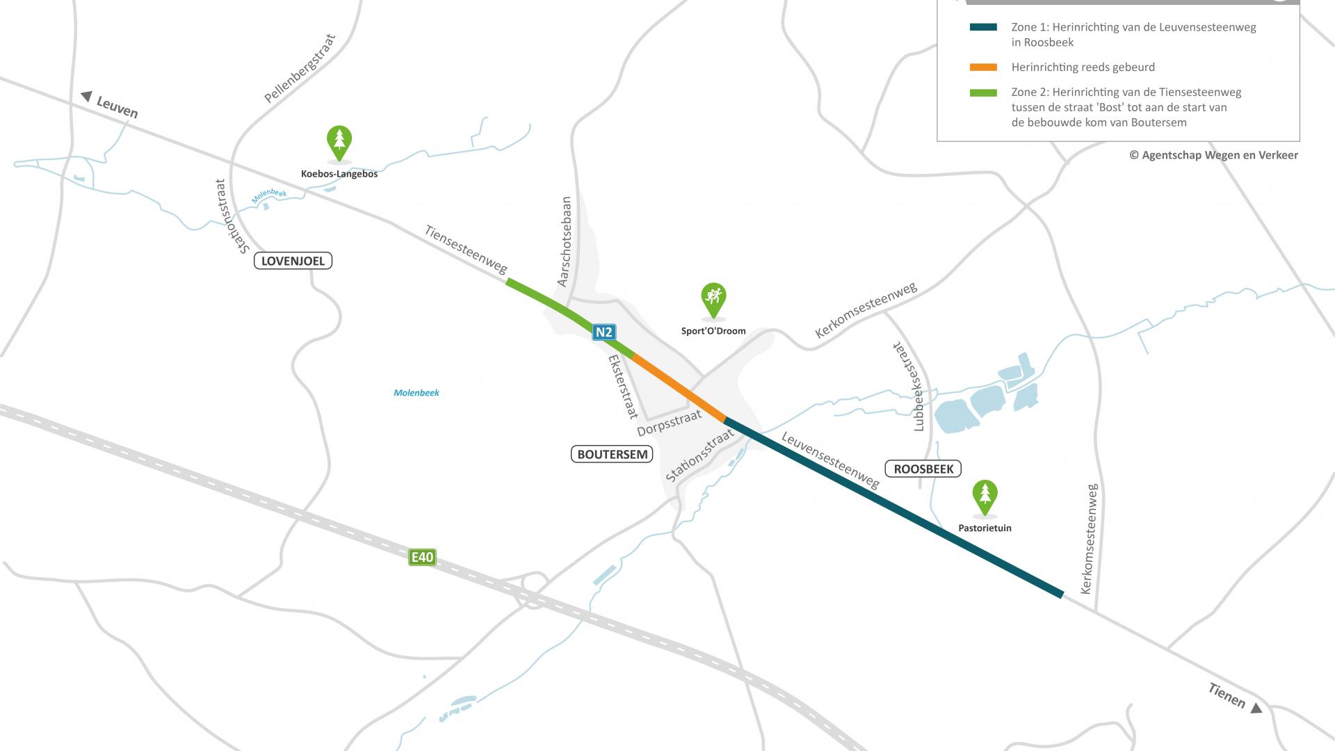 Projectzone herinrichting twee zones op de Tiensesteenweg (N3) in Boutersem