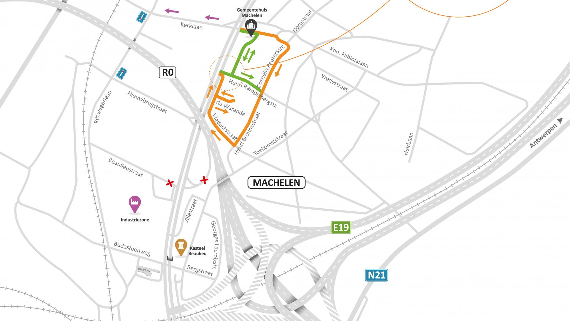 Circulatie na herinrichting: verkeer tussen Woluwelaan en Henri Rampelbergstraat-de Warande-Viaductstraat