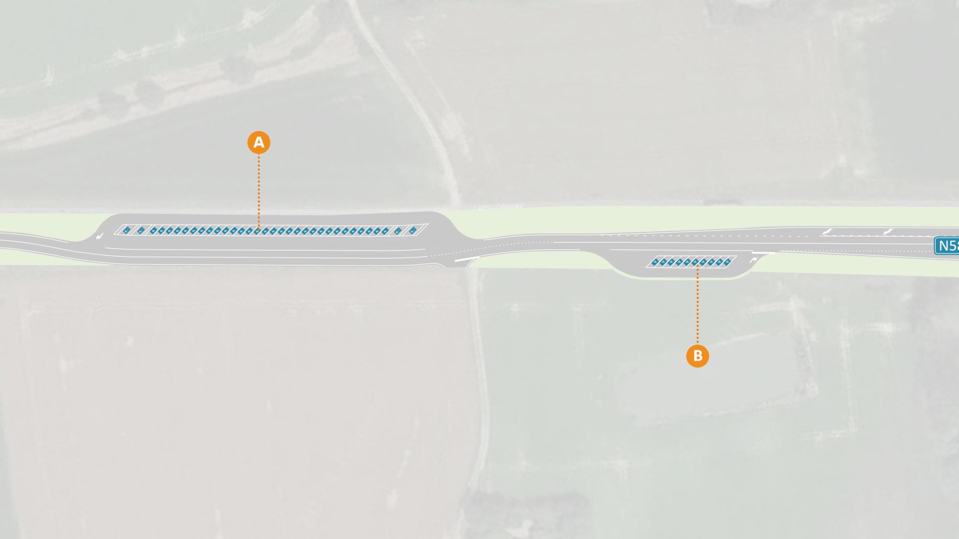 Ontwerpplan van nieuwe N58 - carpoolparkings en voorsorteerstroken op rotonde