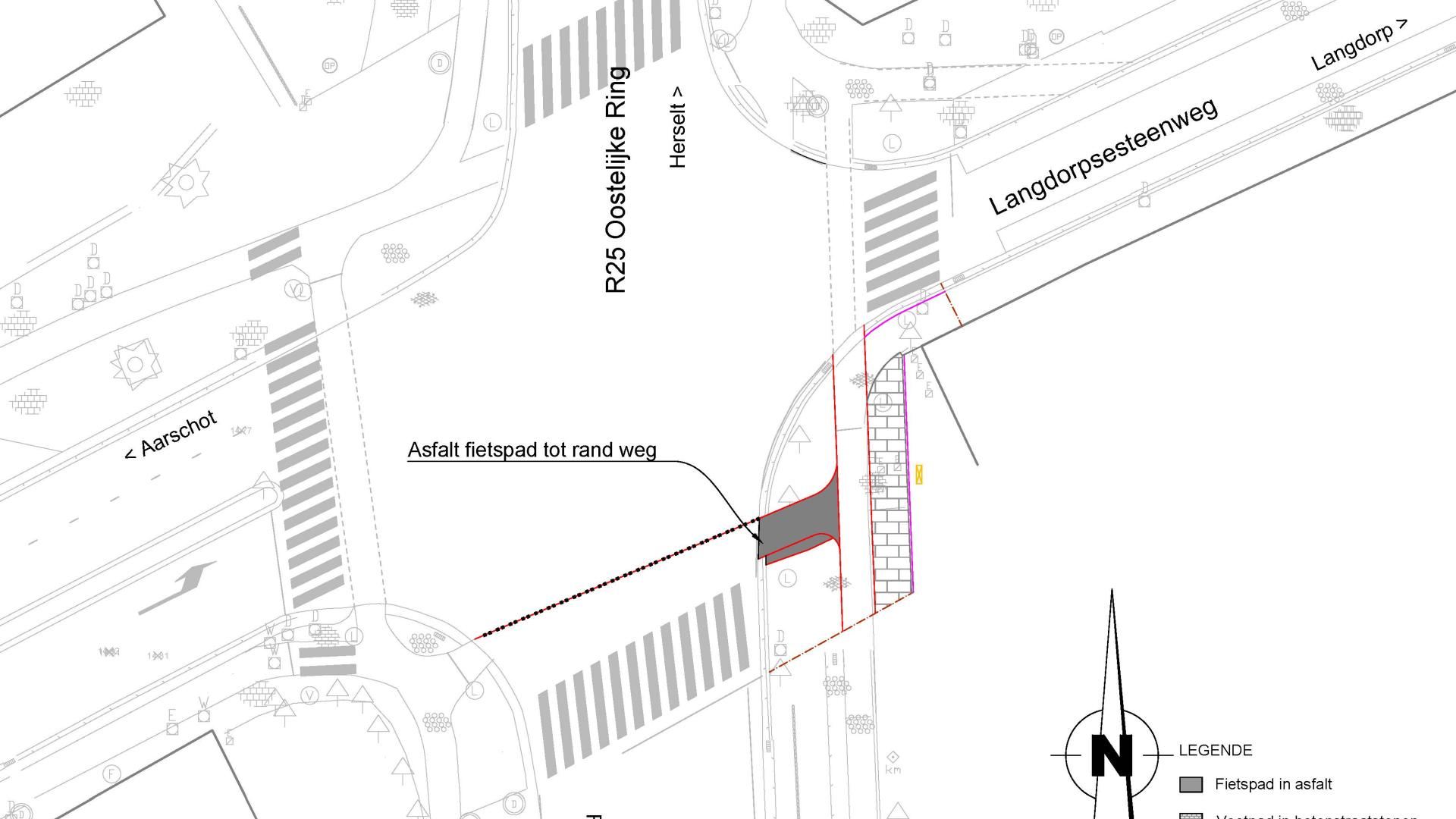Aanpassing fietsoversteek en deel voetpad aan kruispunt Oostelijke ring met Gijmelsesteenweg en Langdorpsesteenweg