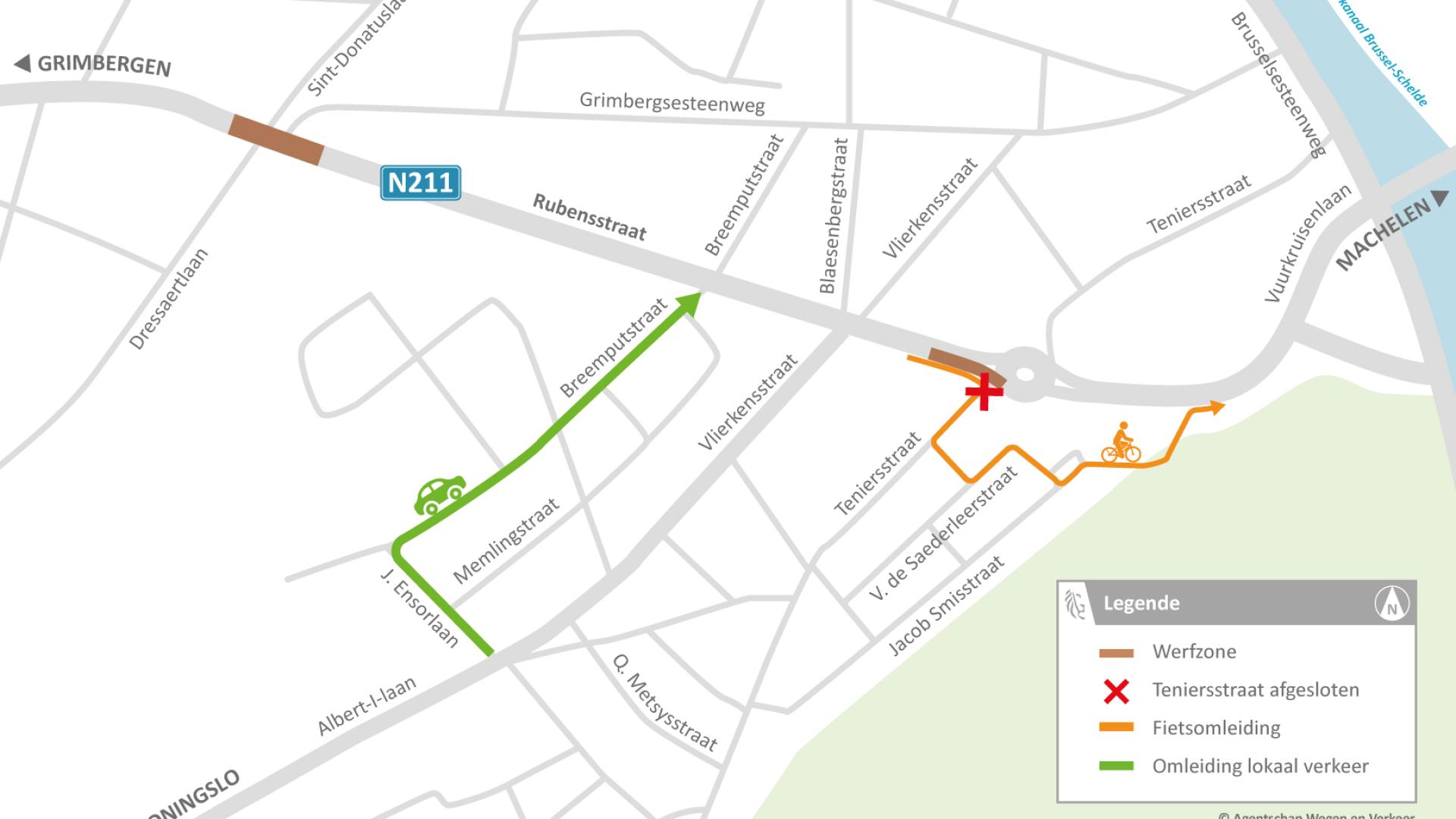 N211 Vilvoorde: omleidingskaart werken D. Teniersstraat