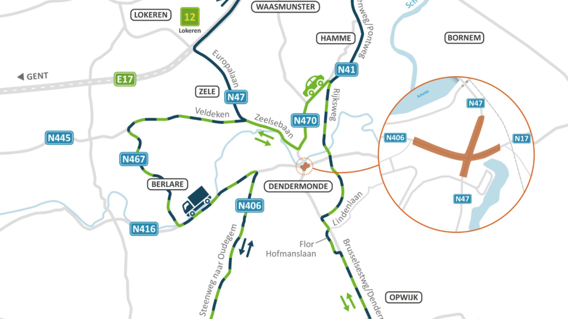 Doorgaand verkeer tussen Gent en Mechelen of Sint-Niklaas en Asse rijdt om rond Dendermonde.