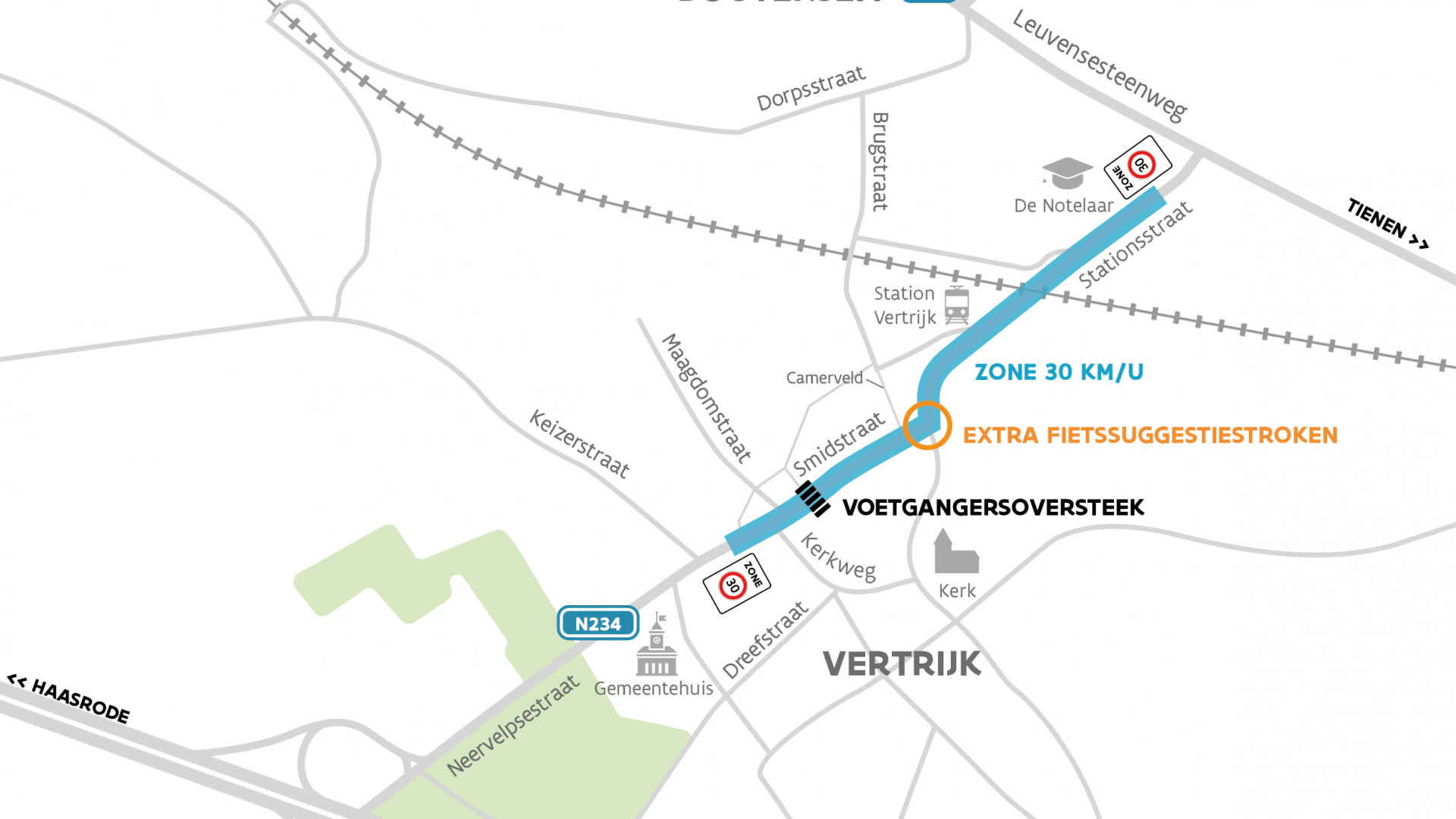 Overzicht van extra maatregelen in kaart gebracht voor Neervelpsestraat / Smidstraat / Stationsstraat in Boutersem