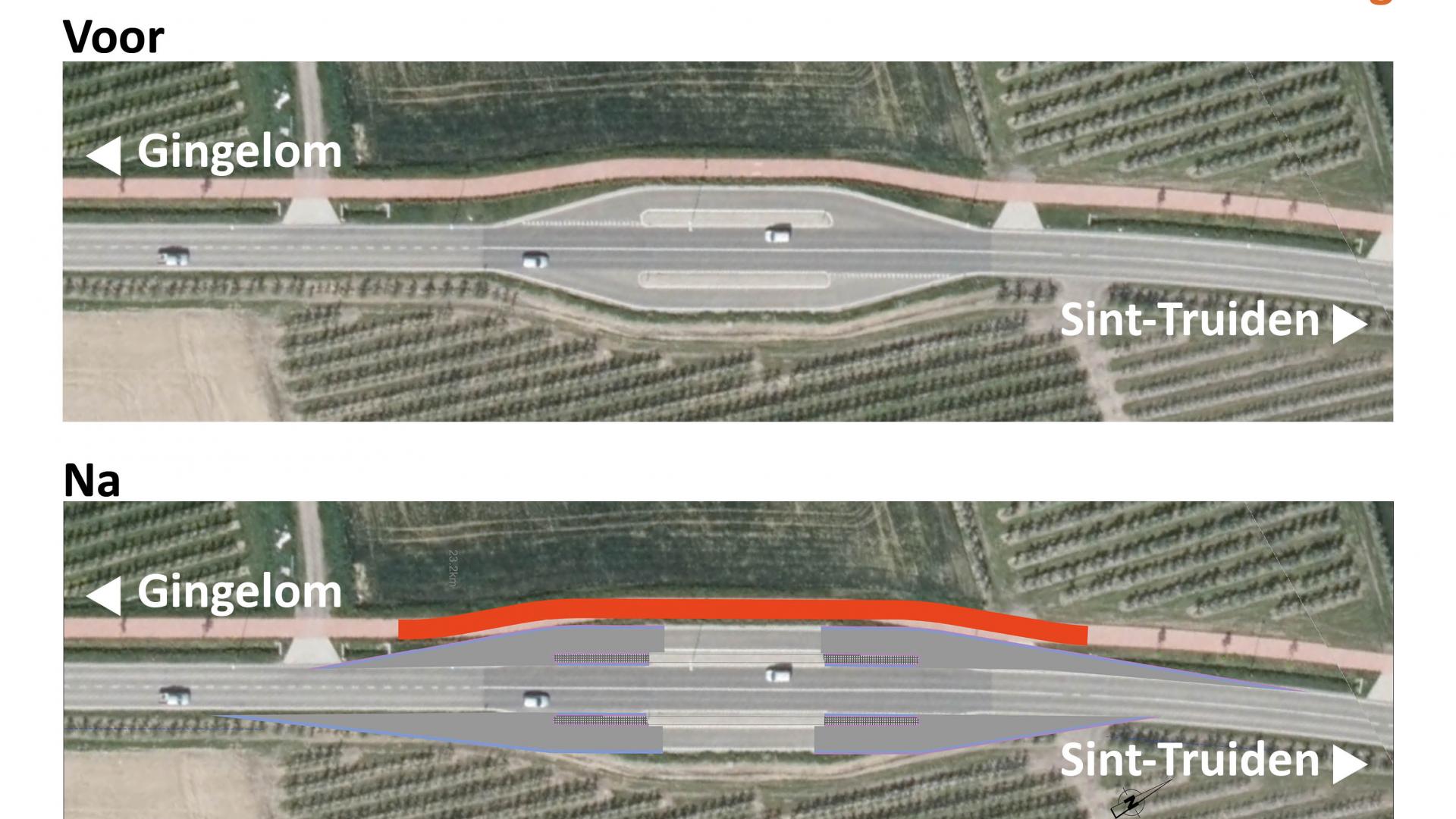 Impressie toestand voor én na verlenging passeerhaven ter hoogte van Hazelaarweg op basis van grondplan en luchtfoto
