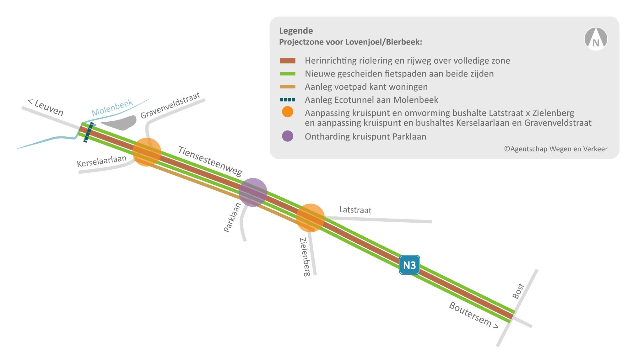 Beeld van de projectzone van de herinrichting van de Tiensesteenweg tussen de Molenbeek en de grens met Boutersem
