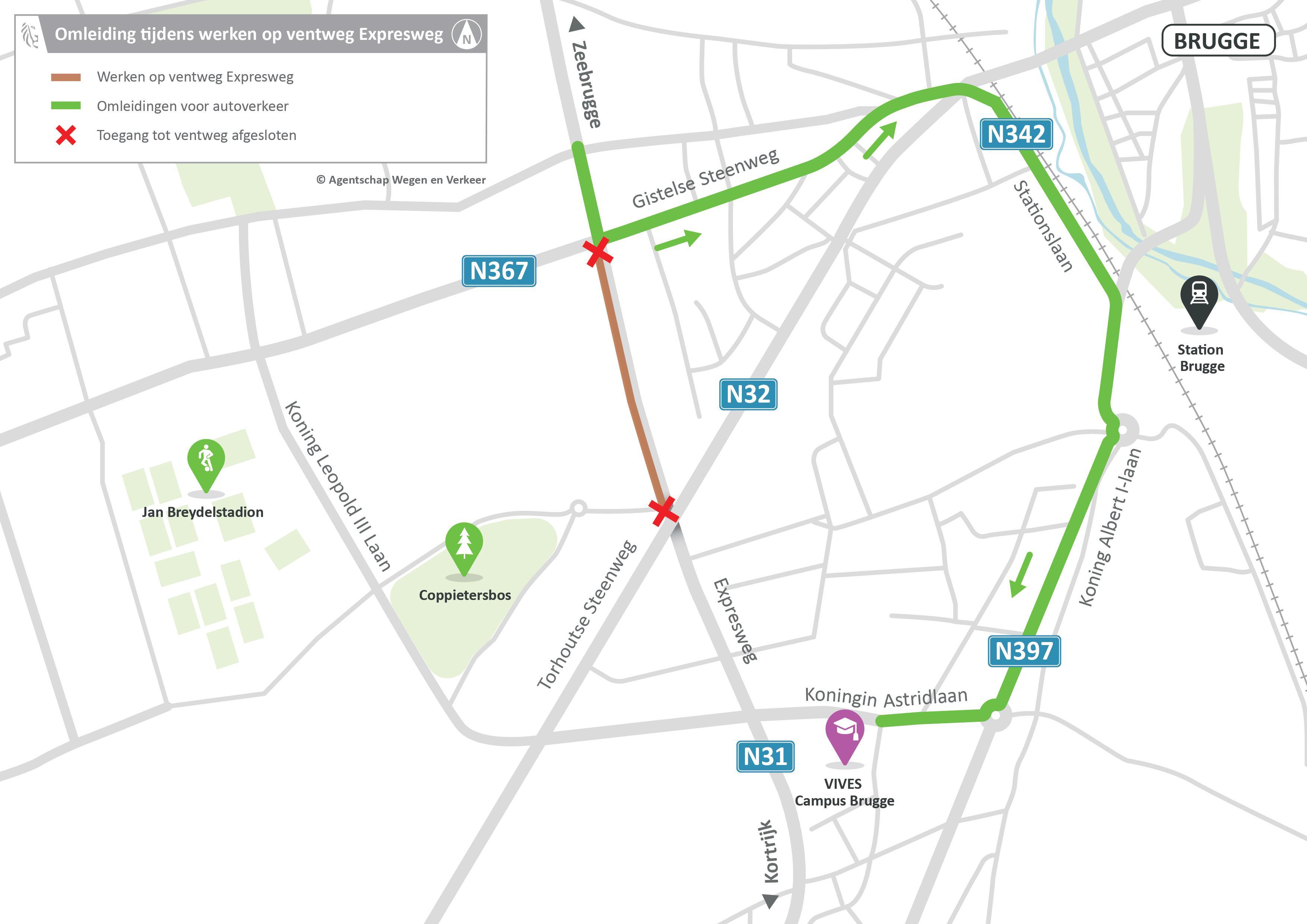 Omleiding - werfzone 1 Expresweg (N31) in Brugge