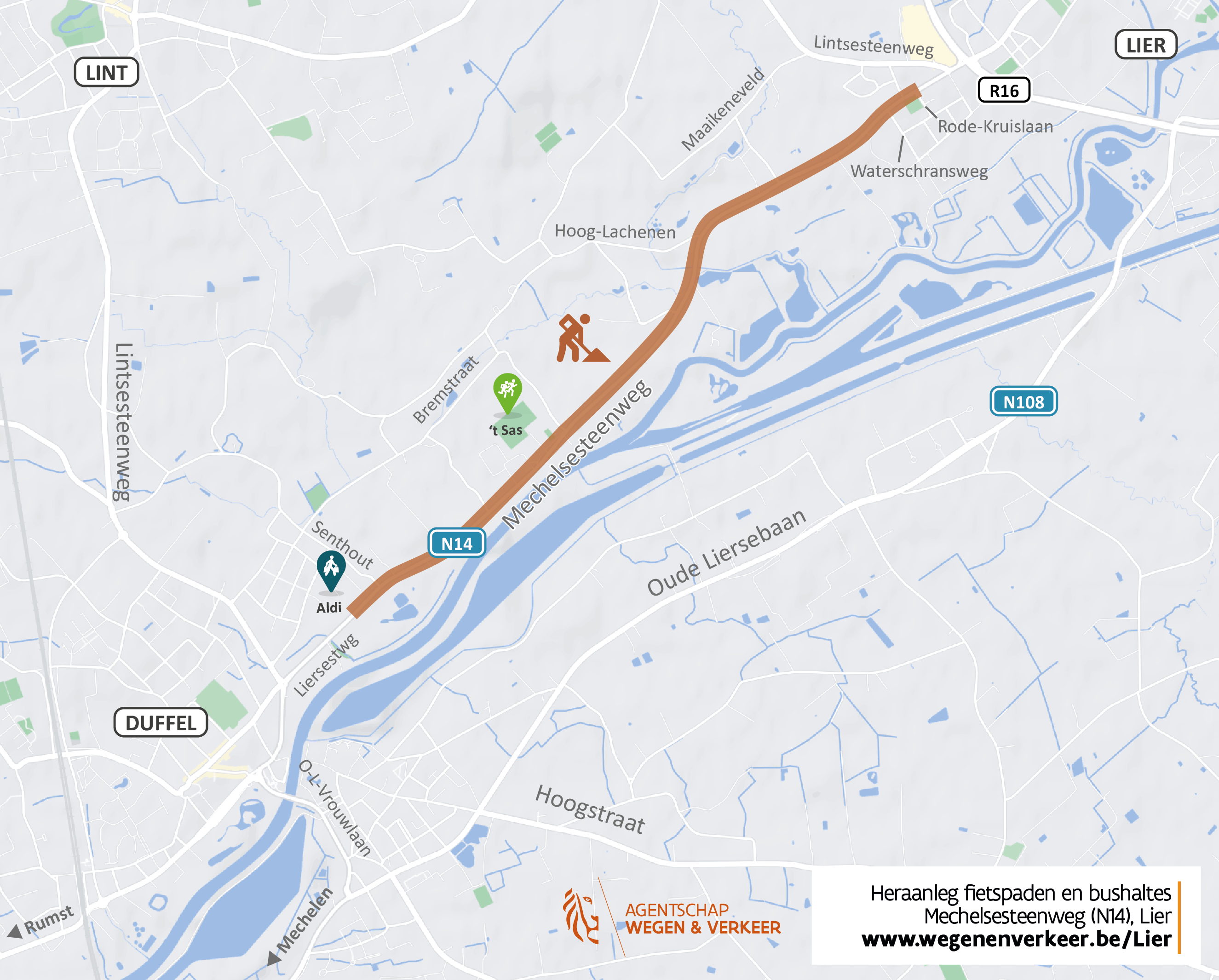 N14 Mechelsesteenweg Lier - werken aan fietspaden