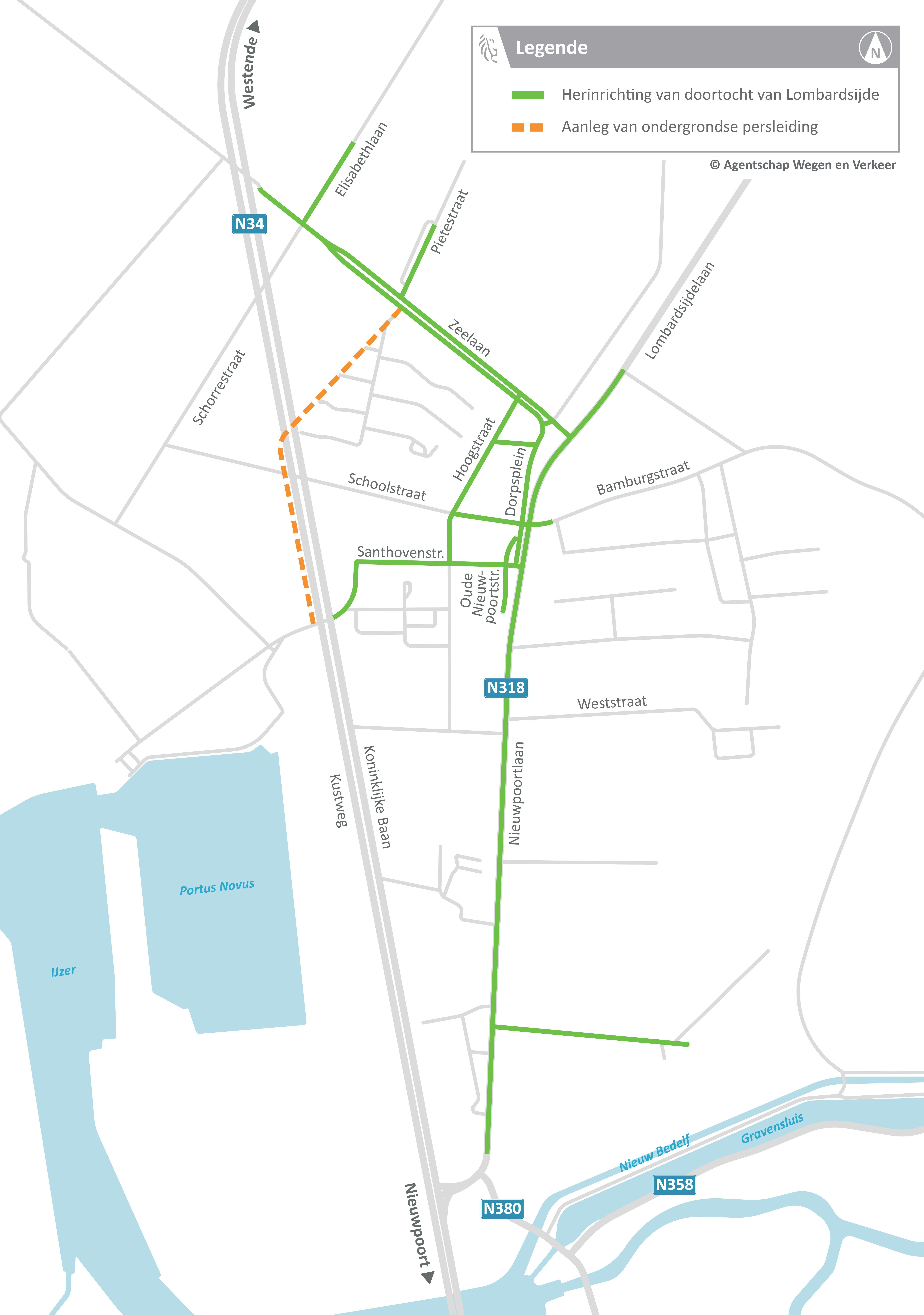 Projectzone in kaart: doortocht van Lombardsijde